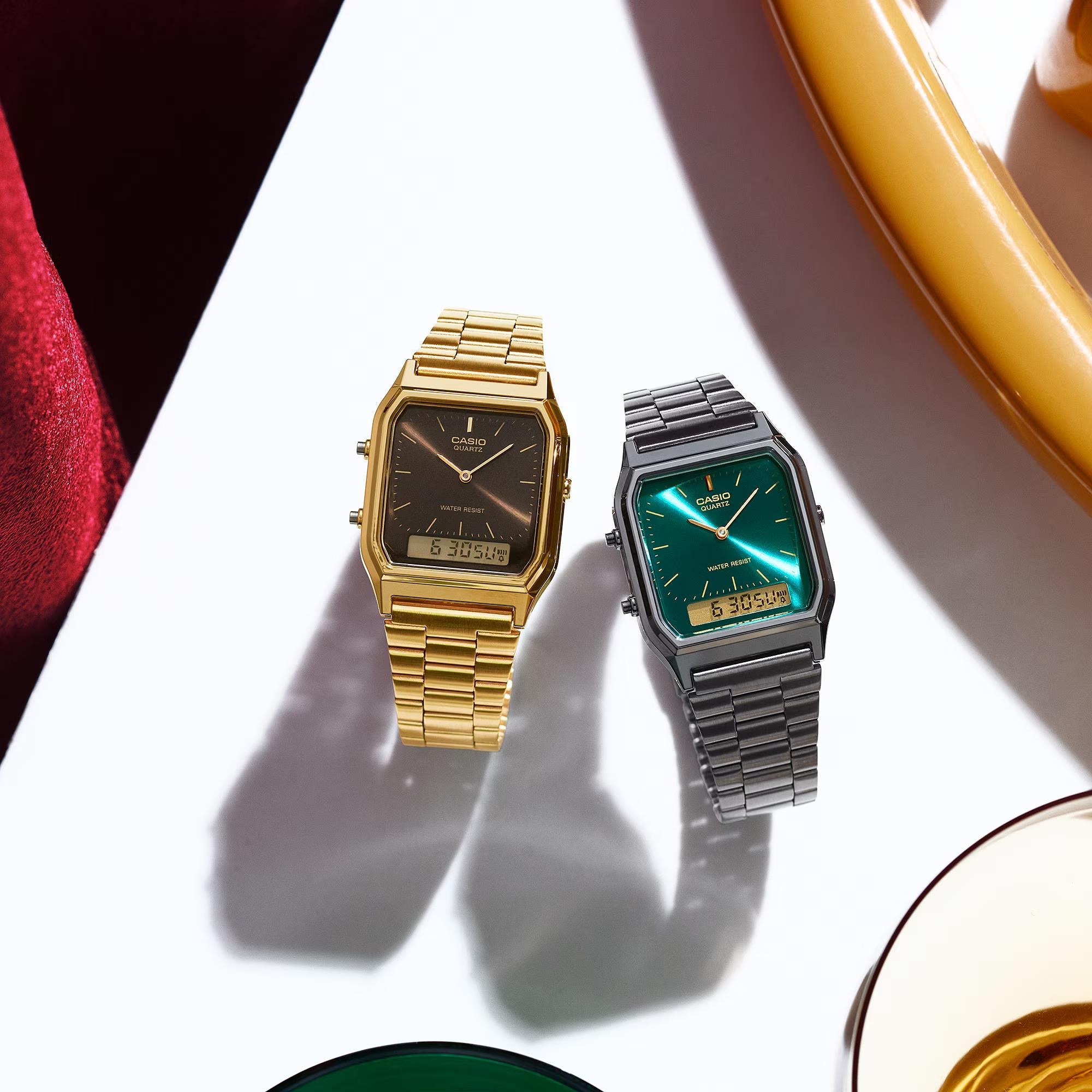 Casio Vintage Green Digi-Analogue Steel Strap Women's Watch AQ-230EGG-3AEF