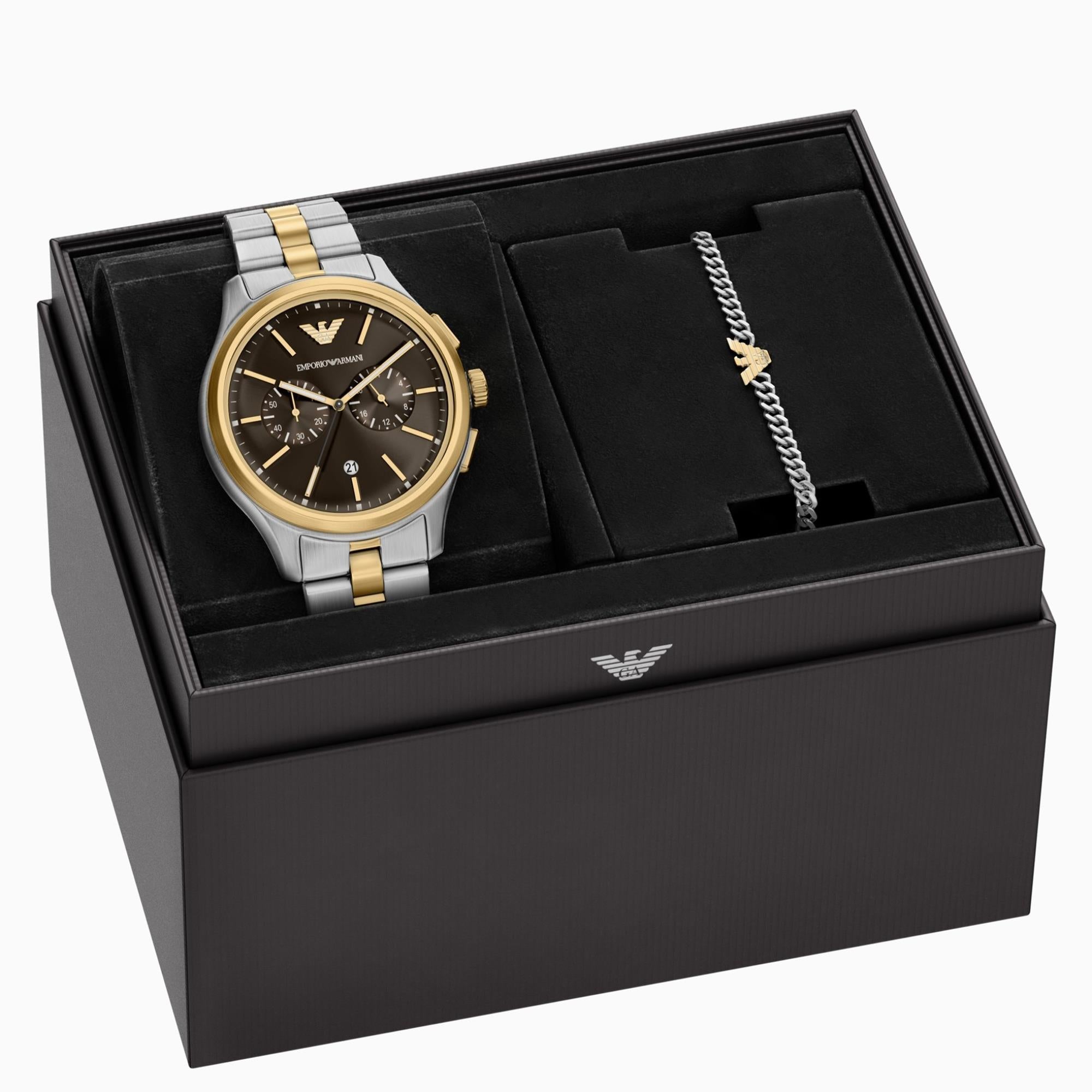 Emporio Armani Dario 42mm Chronograph Brown Dial Steel Mens Quartz Watch AR80084SET