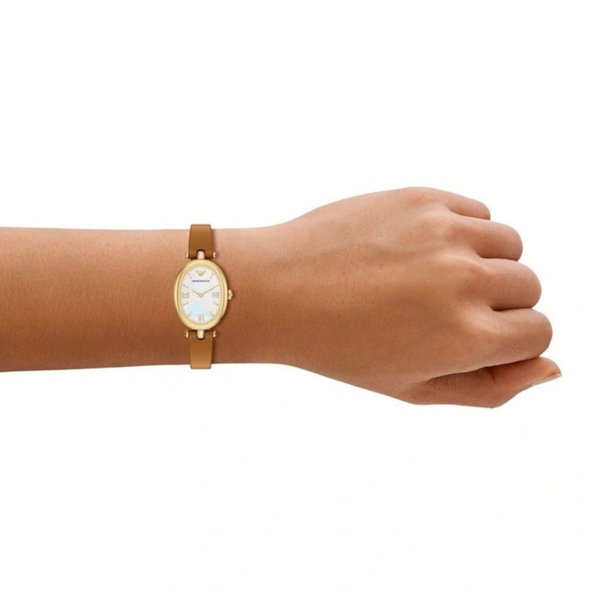 Emporio Armani White Mother of Pearl Dial Leather Strap Women's Watch AR11780