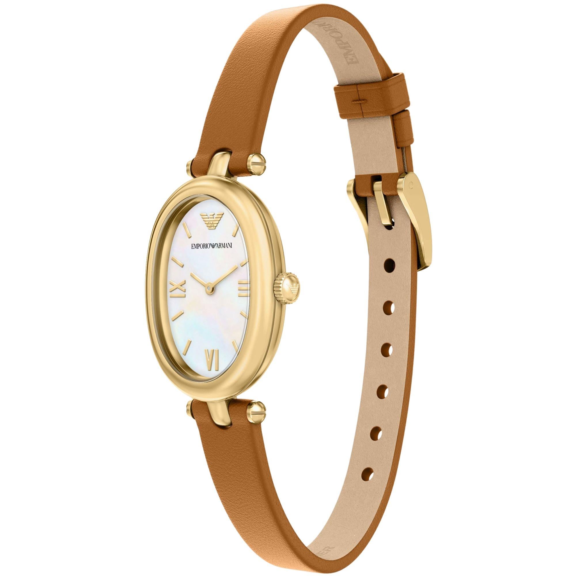 Emporio Armani White Mother of Pearl Dial Leather Strap Women's Watch AR11780