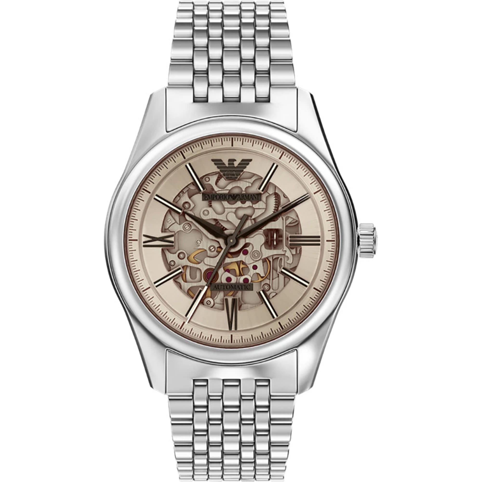 Emporio Armani Skeleton Automatic Silver Dial Steel Strap Men's Watch AR60095