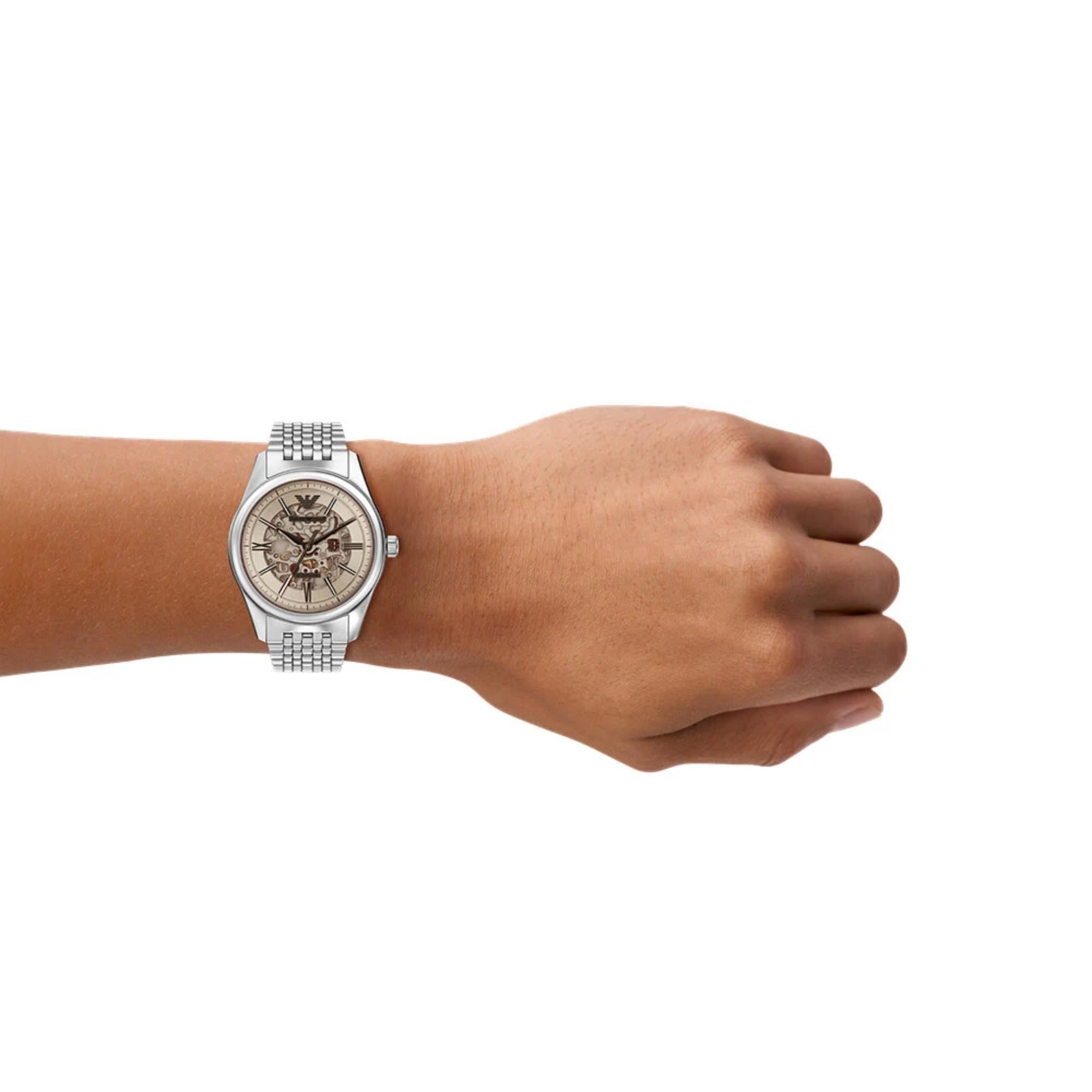 Emporio Armani Skeleton Automatic Silver Dial Steel Strap Men's Watch AR60095