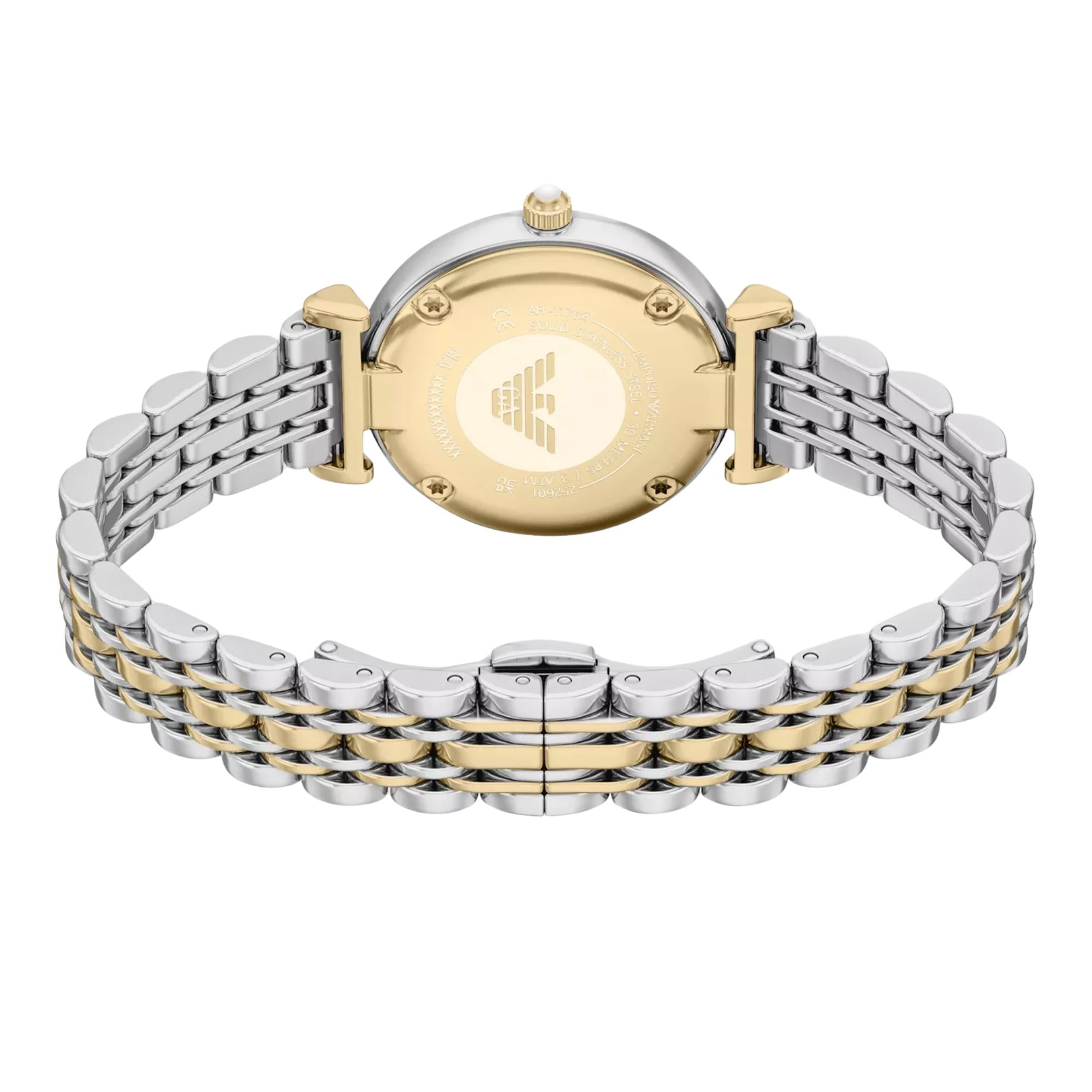 Emporio Armani Gianni T-Bar 28mm White Mother of Pearl Dial Steel Ladies Quartz Watch AR11769