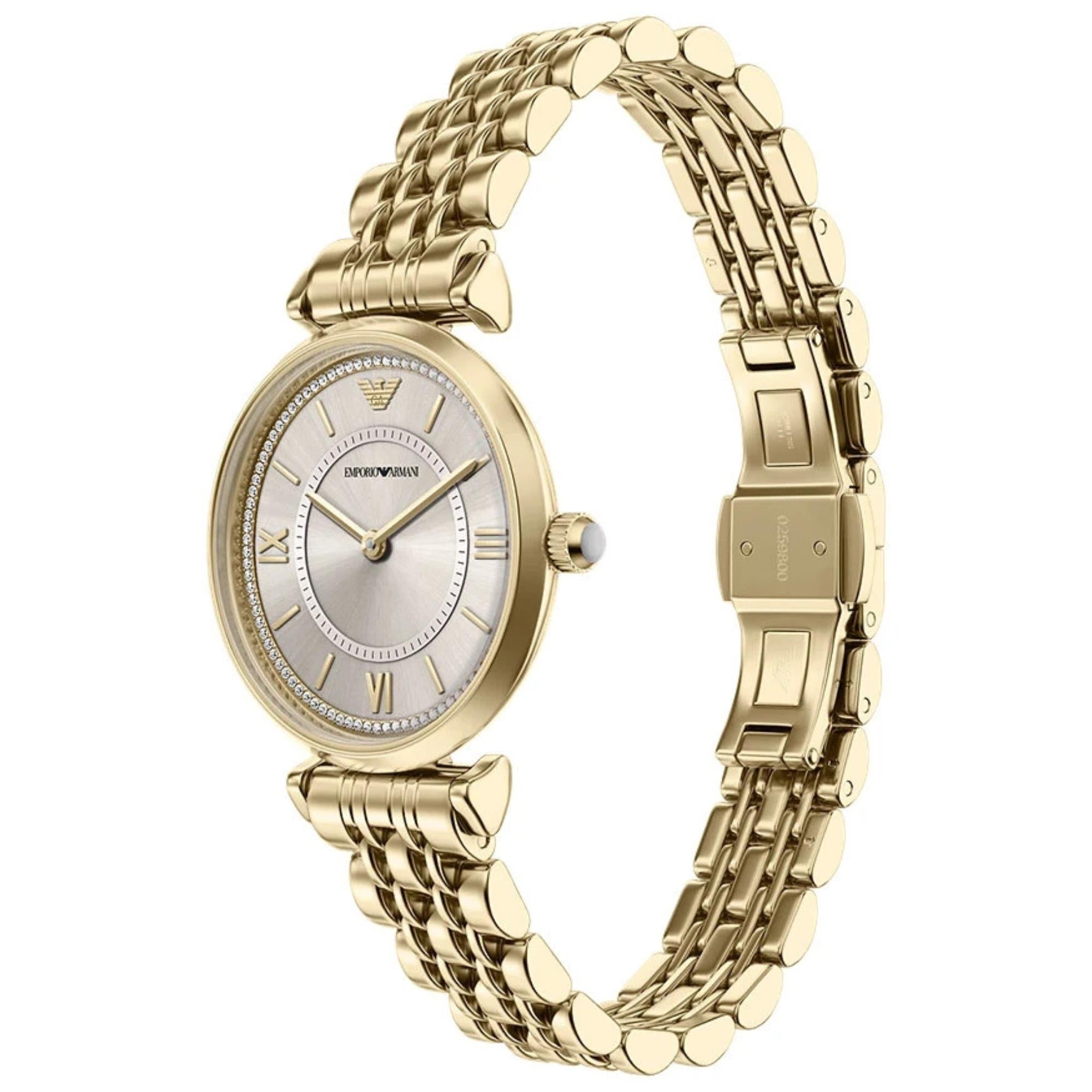 Emporio Armani Gianni T-Bar 32mm Beige Gold Dial Steel Ladies Quartz Watch AR11766