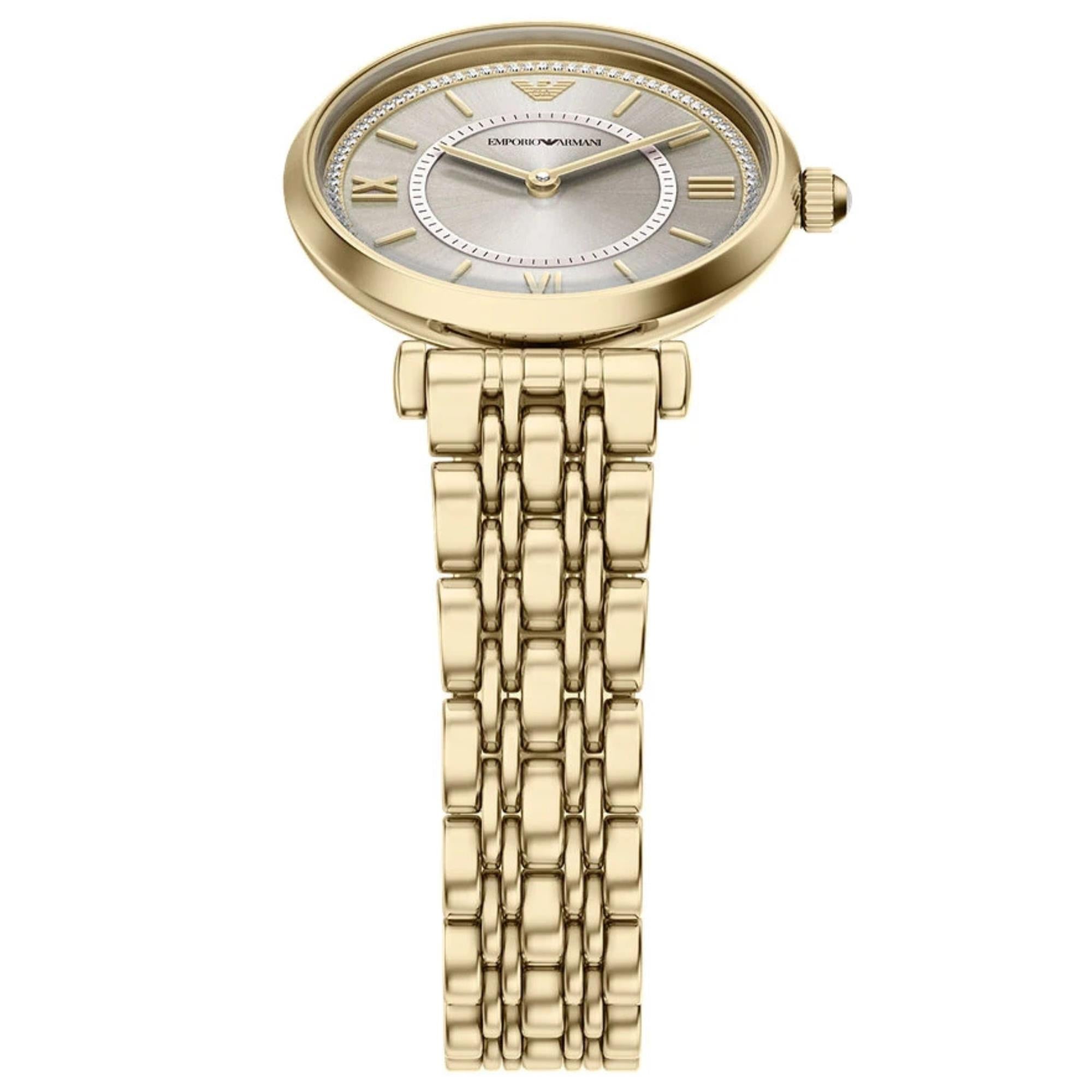 Emporio Armani Gianni T-Bar 32mm Beige Gold Dial Steel Ladies Quartz Watch AR11766