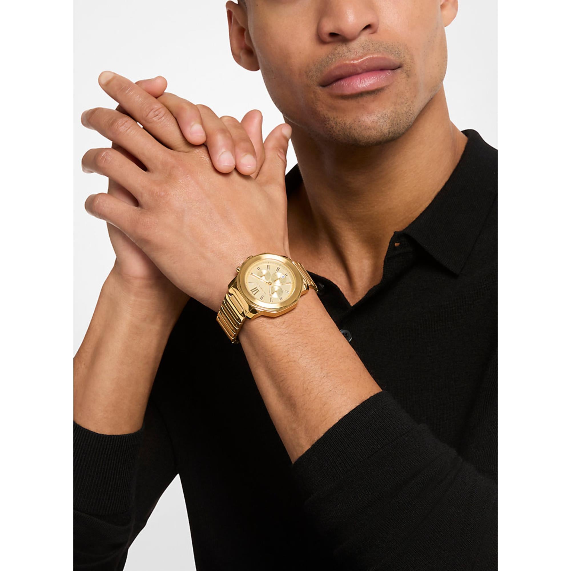 Michael Kors Prescott 44mm Chronograph Gold Dial Steel Mens Quartz Watch MK9249
