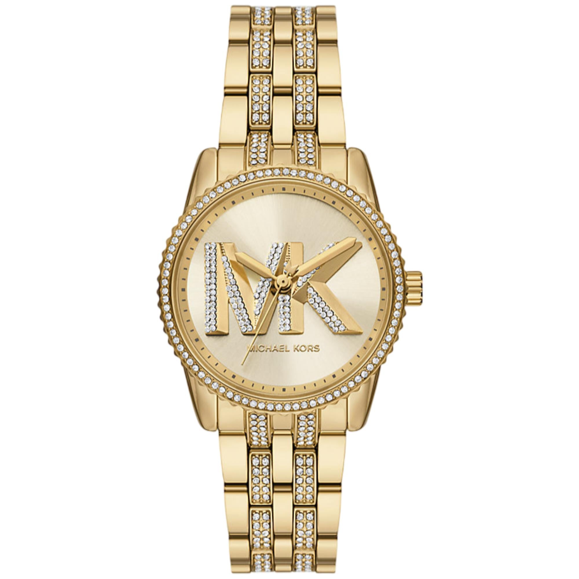 Michael Kors Mini Bryant Pave Logo Gold Dial Steel Strap Women's Watch MK7540