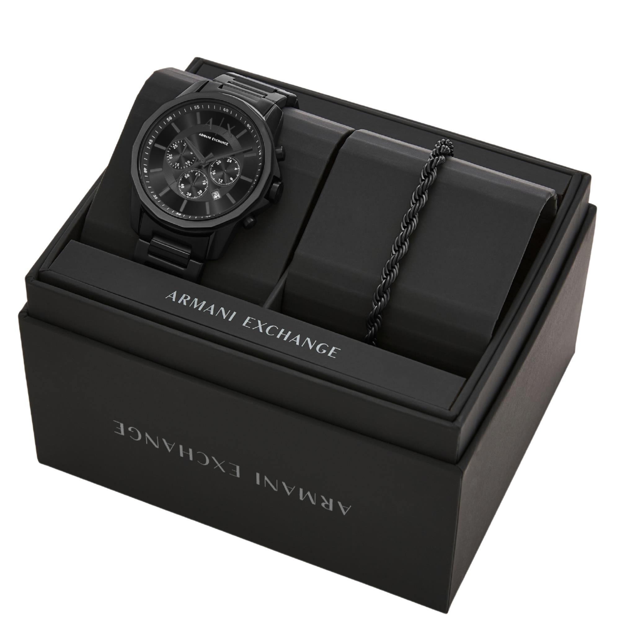 Armani Exchange Banks Chronograph Black Dial Steel Strap Men's Watch and Bracelet AX7163SET