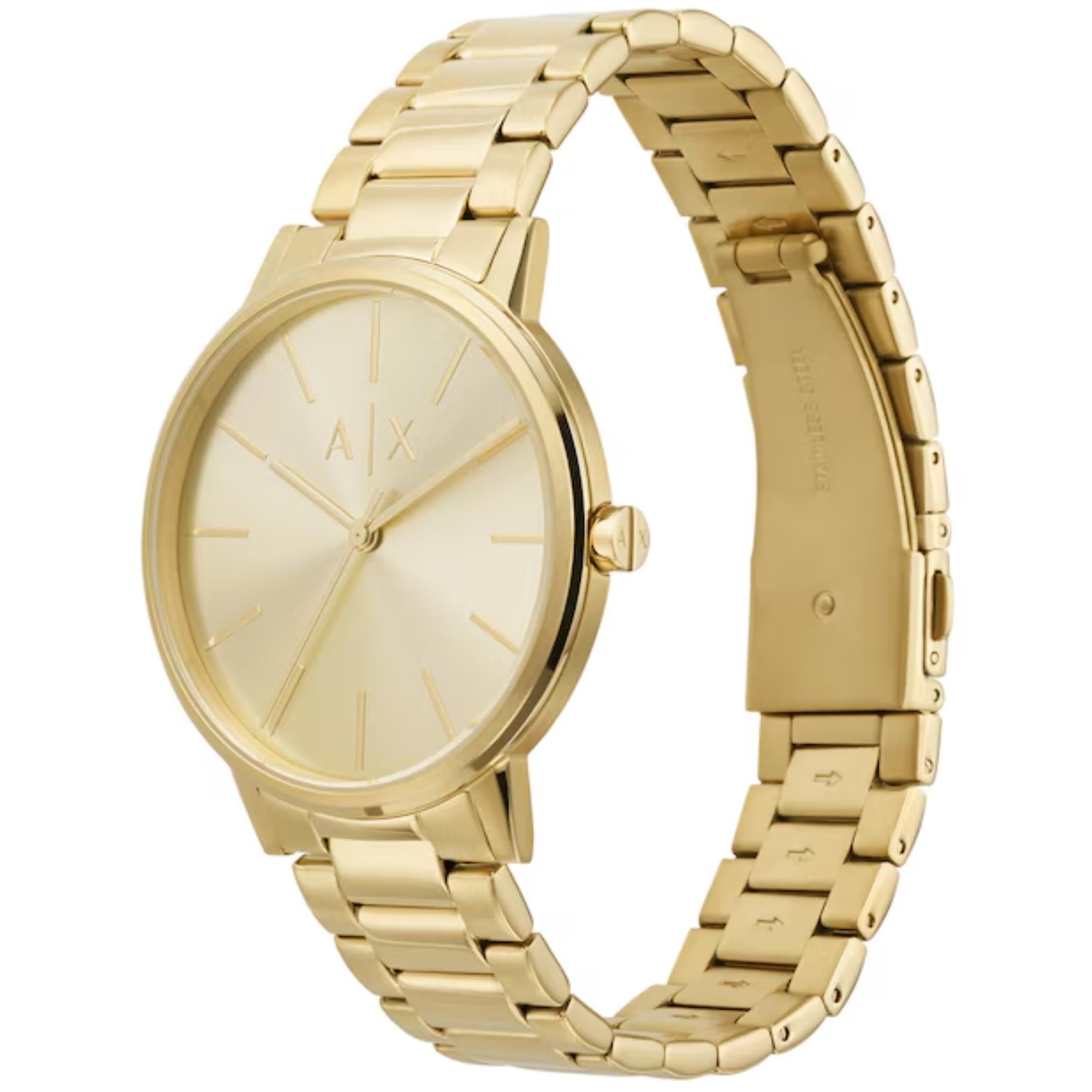 Armani Exchange Cayde 42mm Gold Dial Steel Mens Quartz Watch and Bracelet AX7144SET