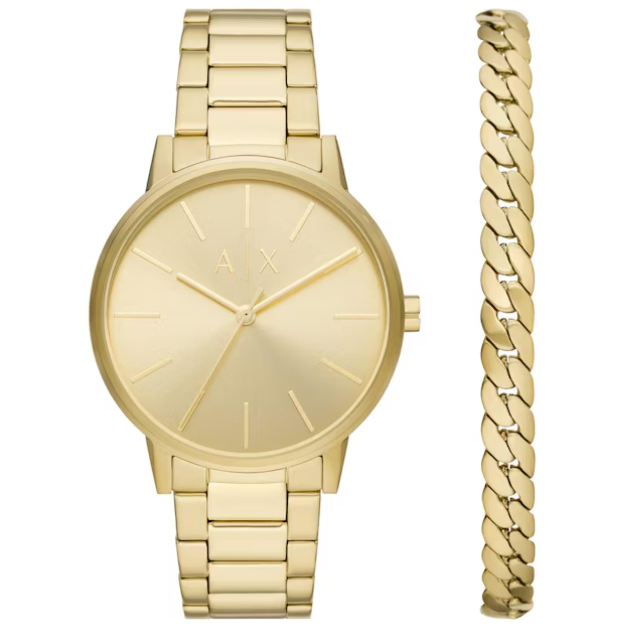 Armani Exchange Cayde 42mm Gold Dial Steel Mens Quartz Watch and Bracelet AX7144SET