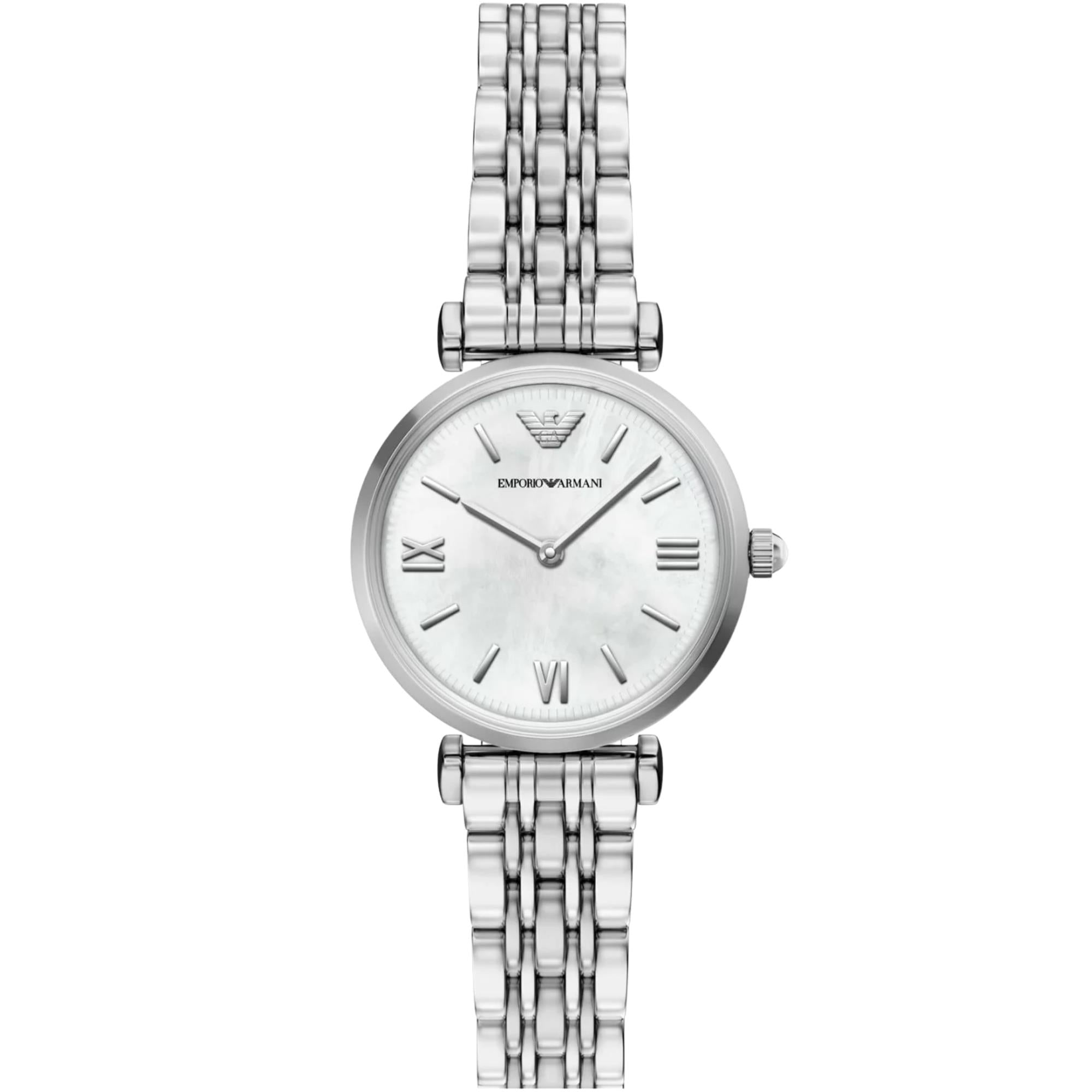Emporio Armani Gianni T-Bar 28mm White Mother of Pearl Dial Steel Ladies Quartz Watch AR11768