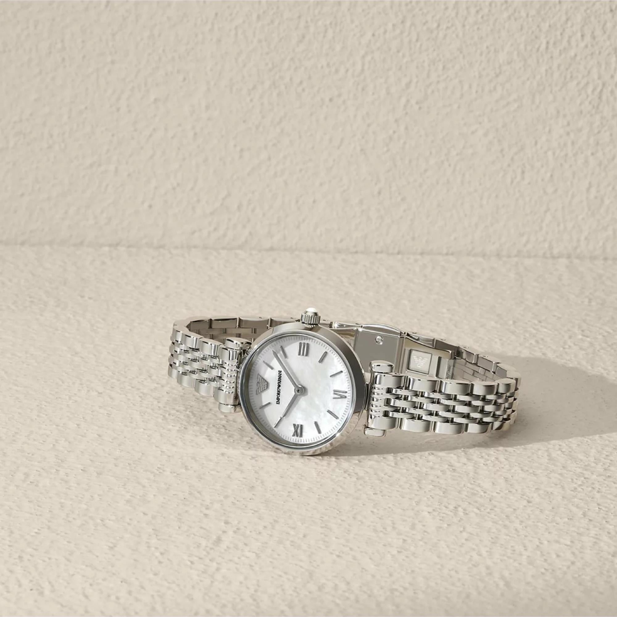 Emporio Armani Gianni T-Bar 28mm White Mother of Pearl Dial Steel Ladies Quartz Watch AR11768