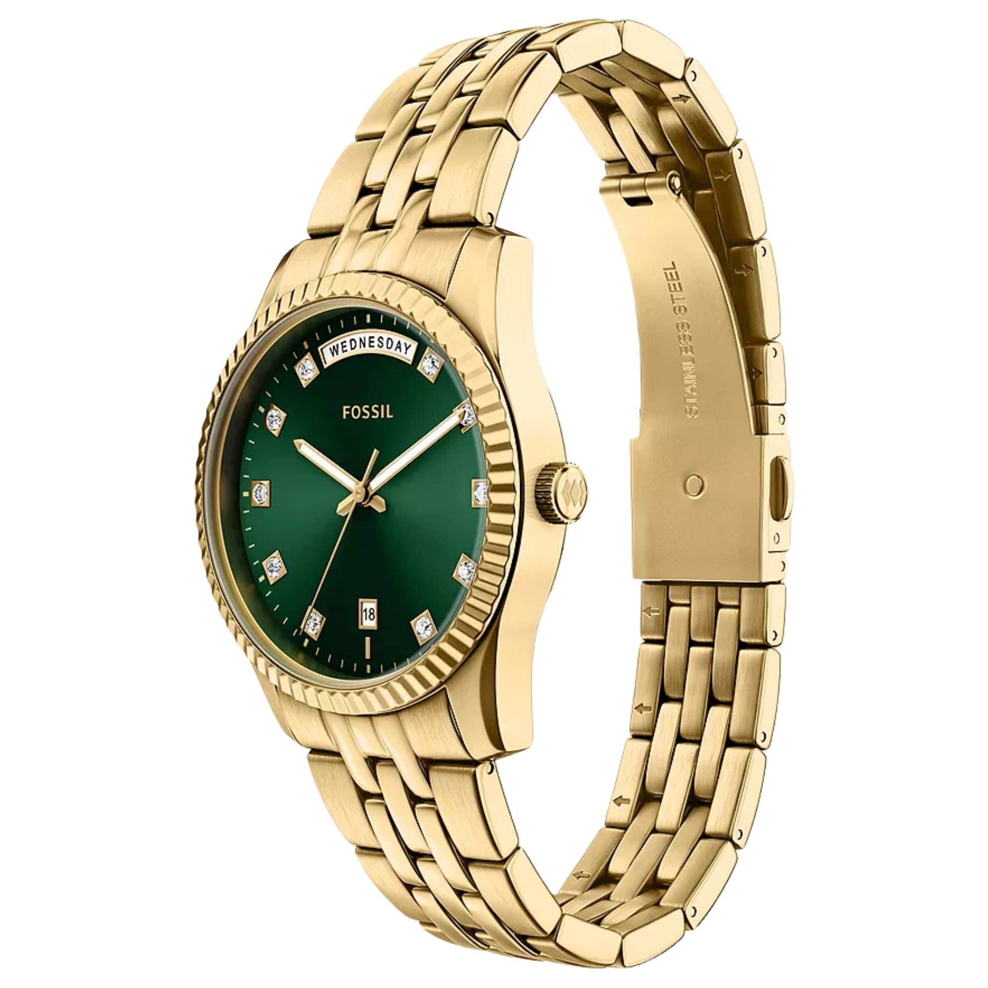 Fossil Scarlette 34mm Green Dial Steel Ladies Quartz Watch ES5460