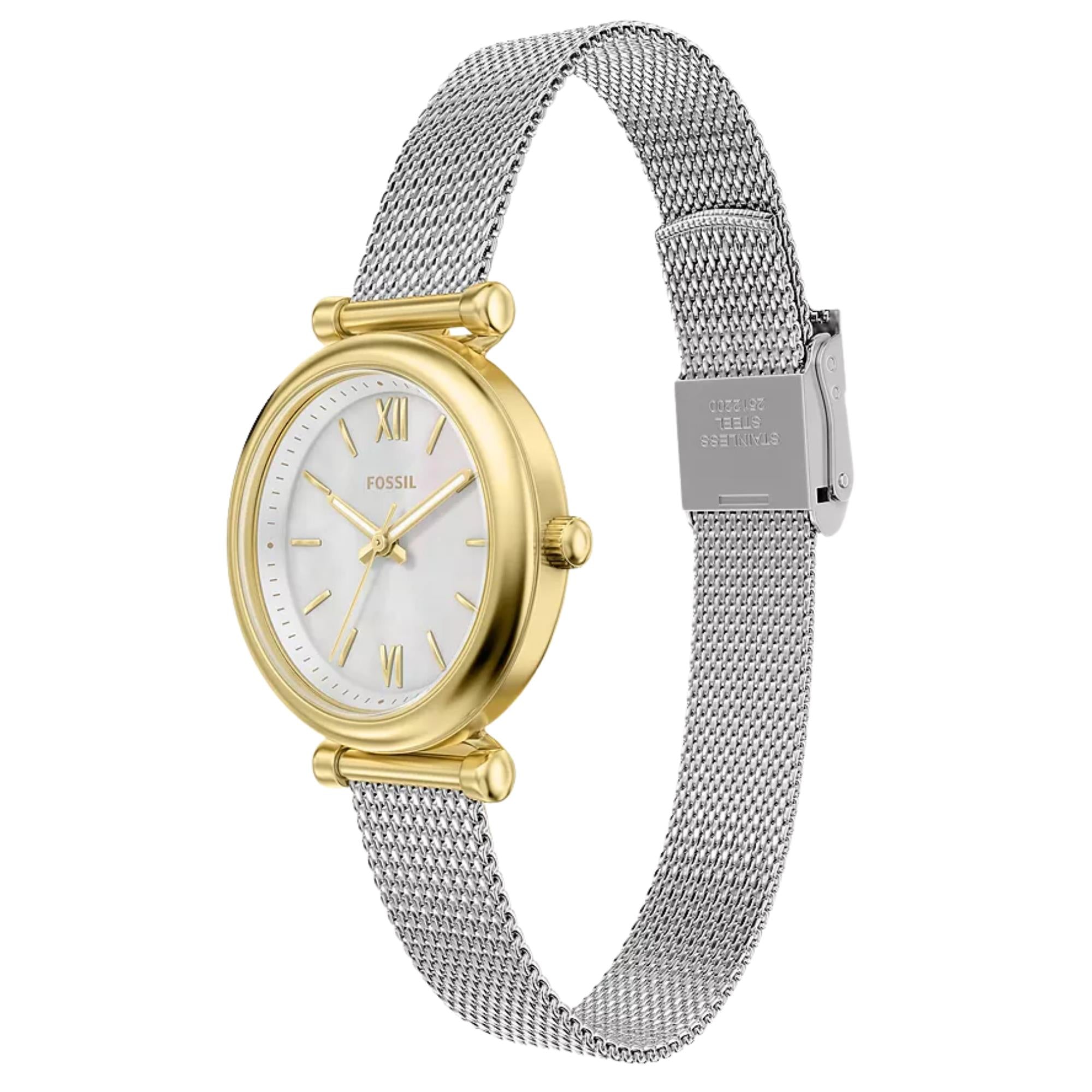 Fossil Carlie 28mm Mother of Pearl Dial Steel Ladies Quartz Watch ES5463