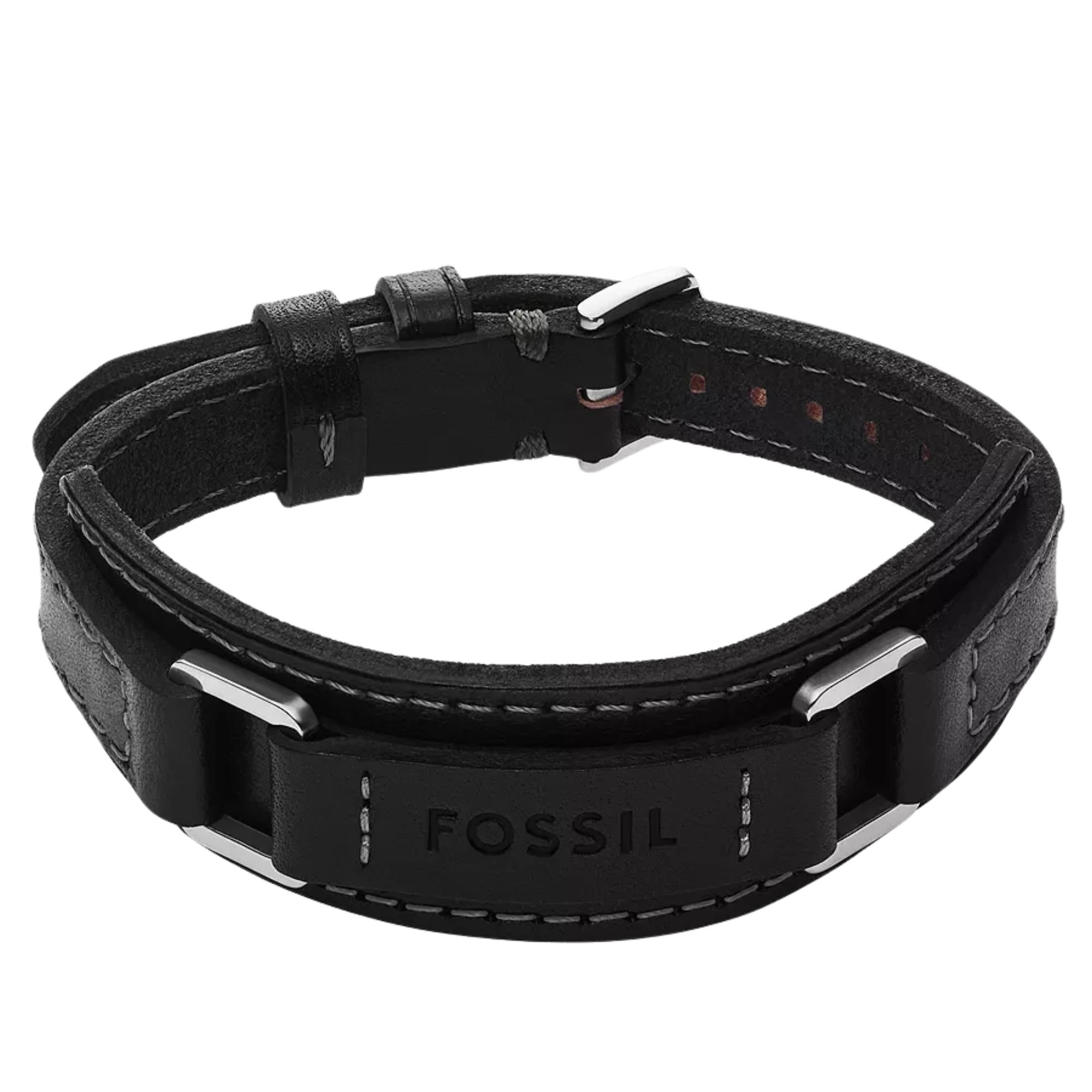 Fossil Machine Rugged Stainless Steel and Black Padded Leather Strap Men's Bracelet JF04950040