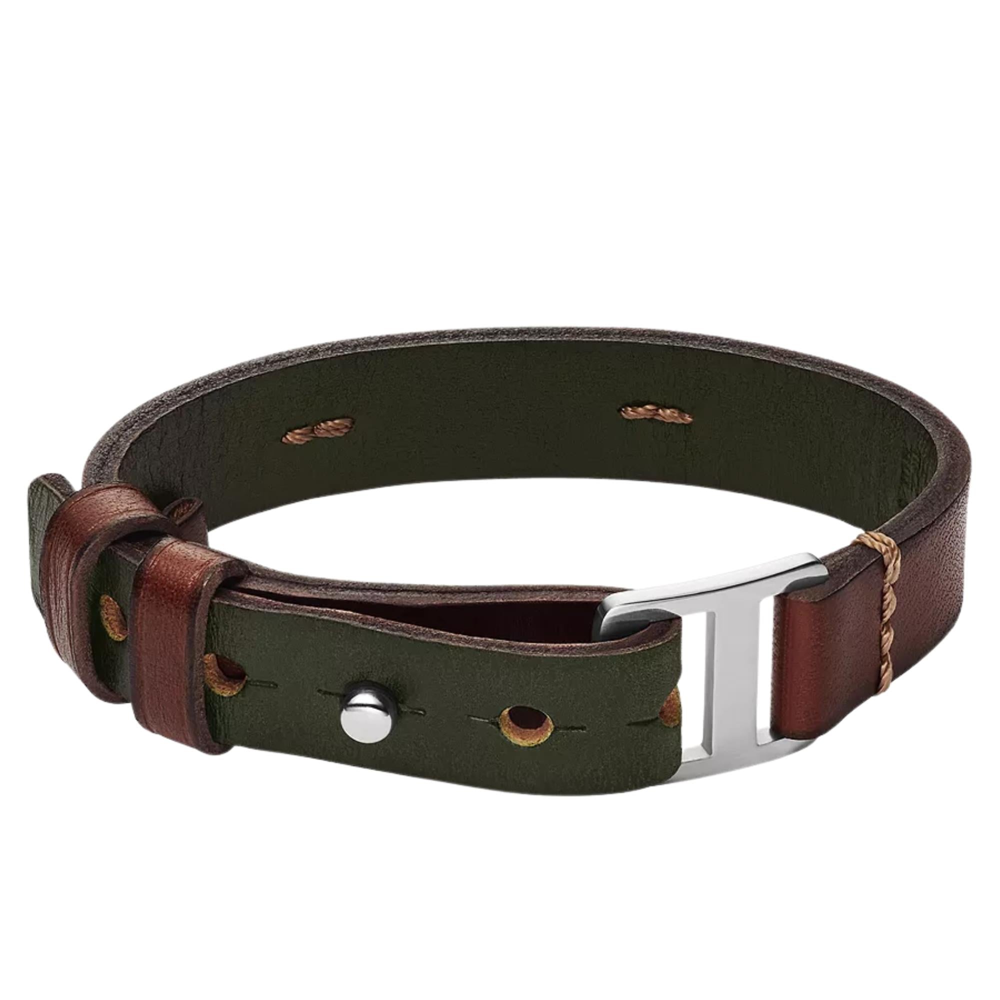 Fossil Machine Rugged Green and Brown Leather Strap Men's Bracelet JF04963040
