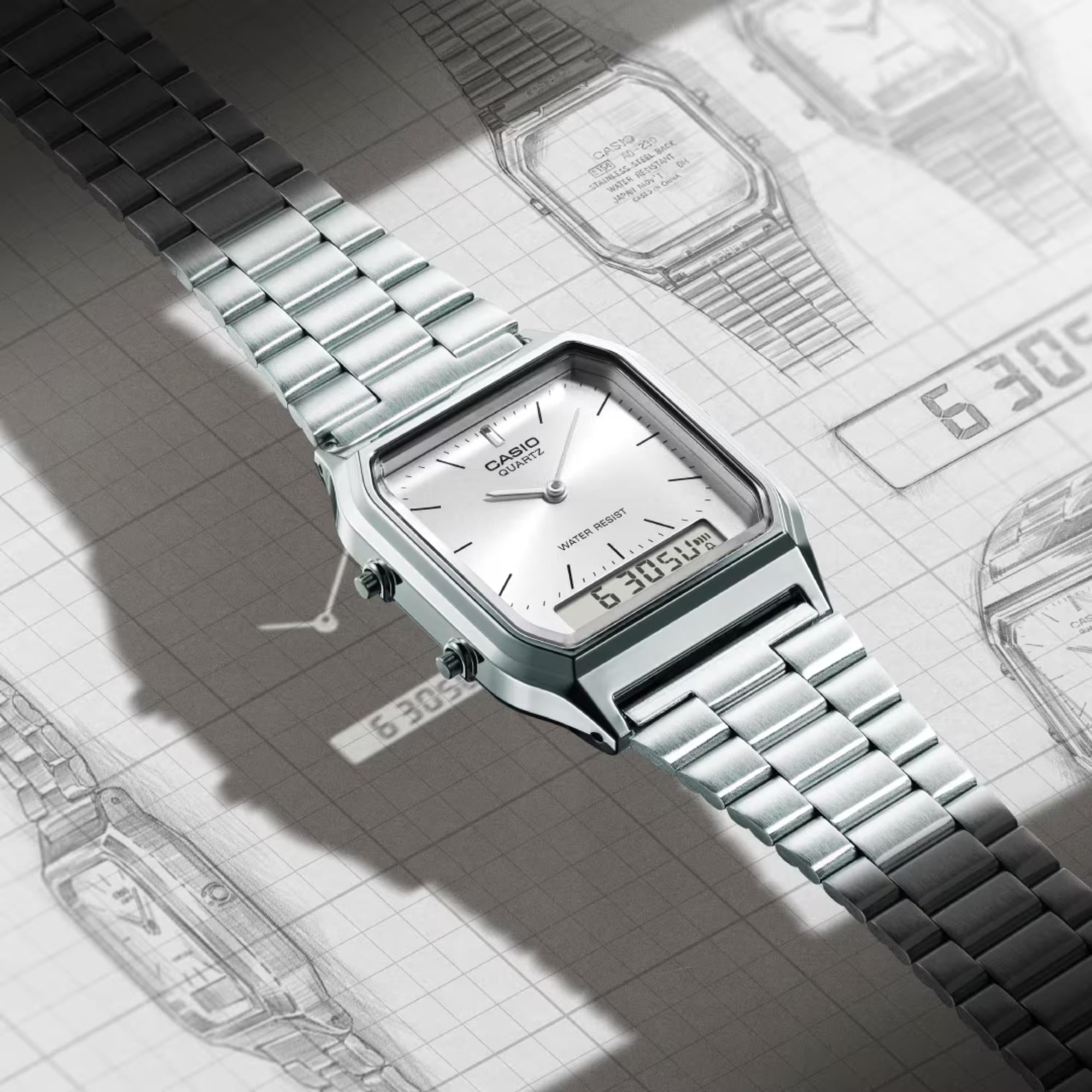 Casio Vintage Quartz Silver Dial Steel Strap Watch AQ-230A-7AMQYES