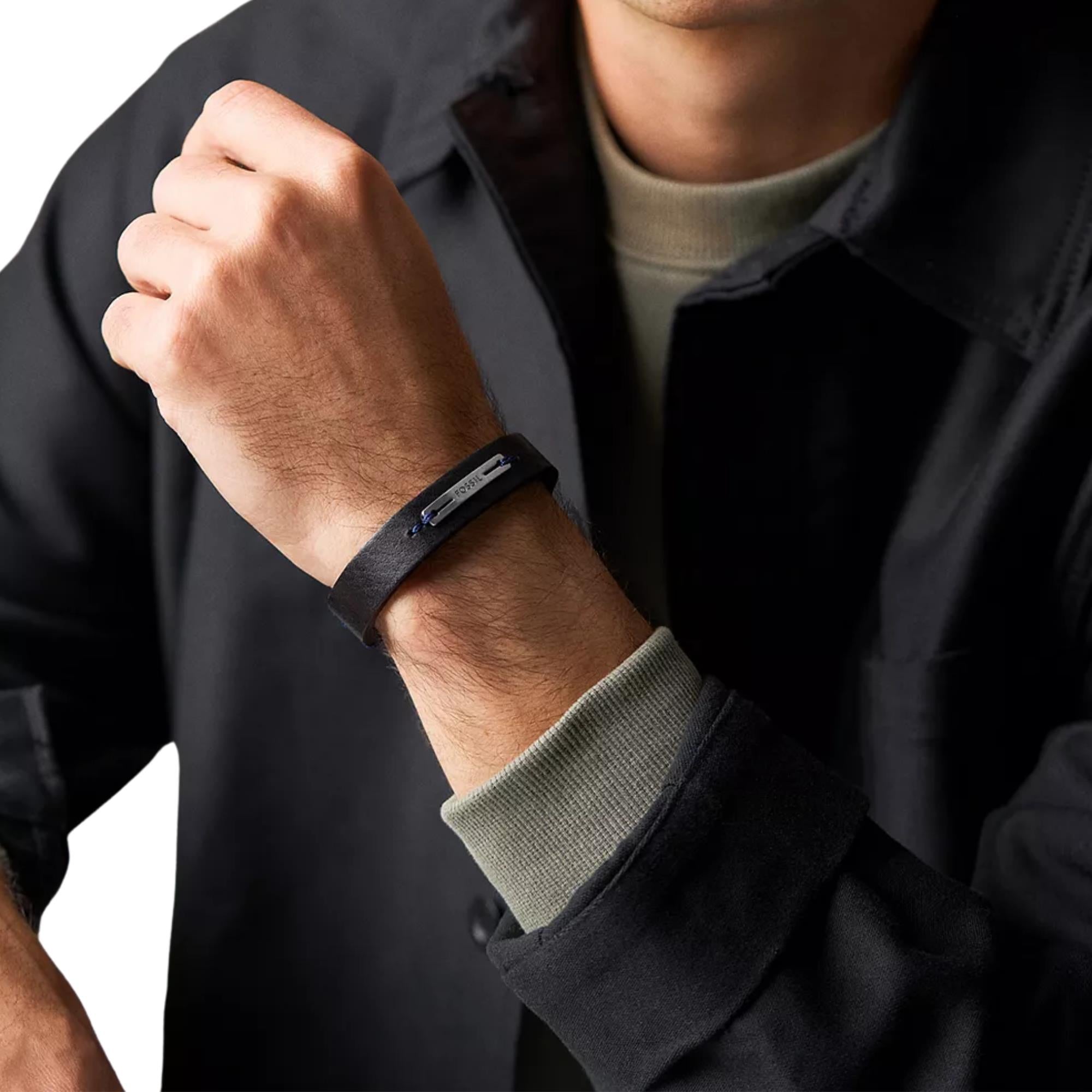 Fossil Machine Rugged Midnight Blue and Black Leather Strap Men's Bracelet JF04964040