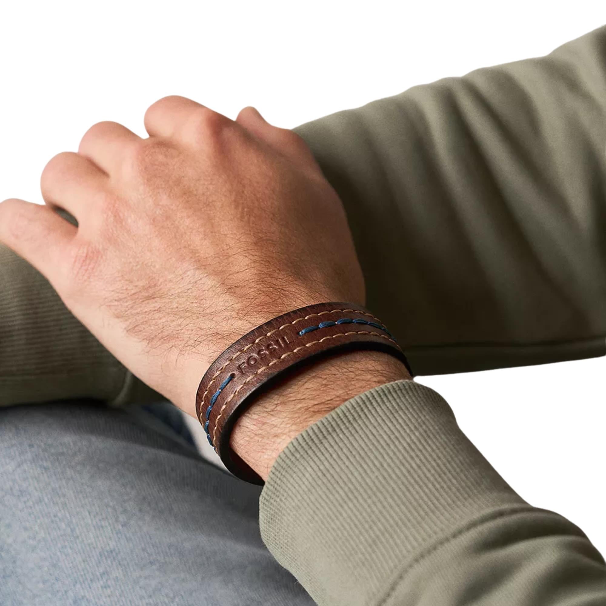 Fossil Everett Topstitch Brown Leather Strap Men's Bracelet JF04949040