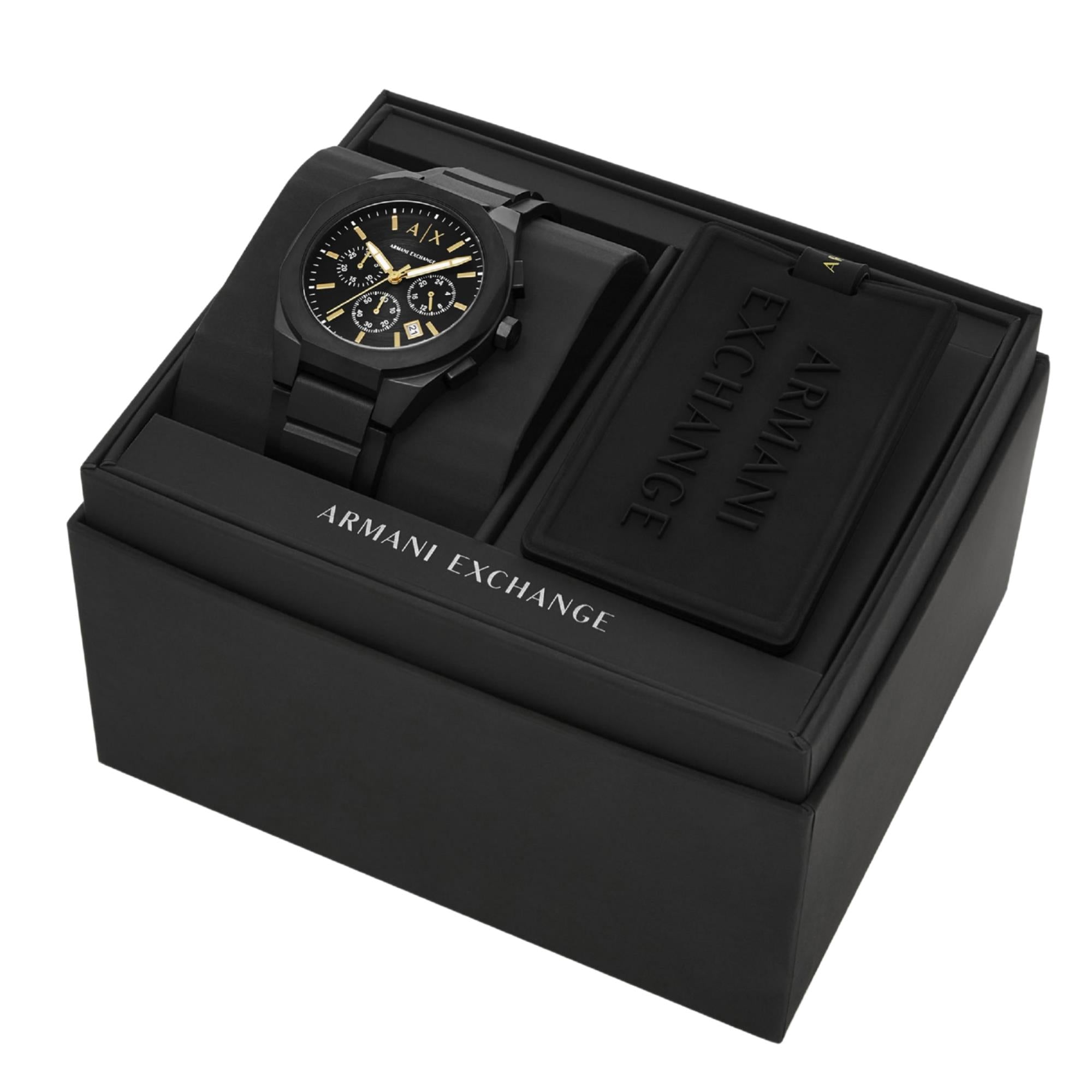 Armani Exchange Sync Chronograph Black Dial Silicone Strap Men's Watch and Luggage Tag AX7165SET