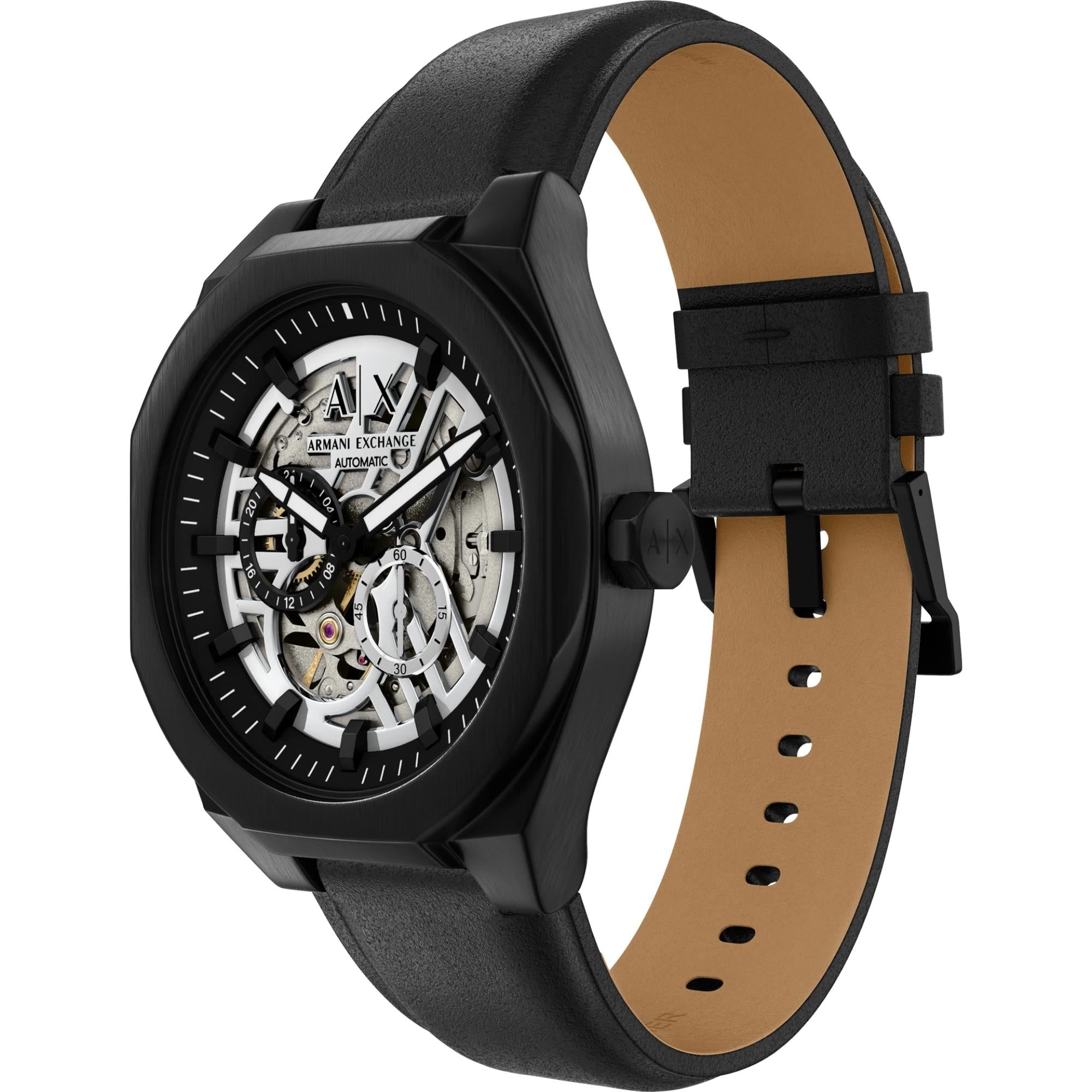 Armani Exchange Sync 44mm Skeleton Silver Dial Leather Mens Quartz Watch AX4297