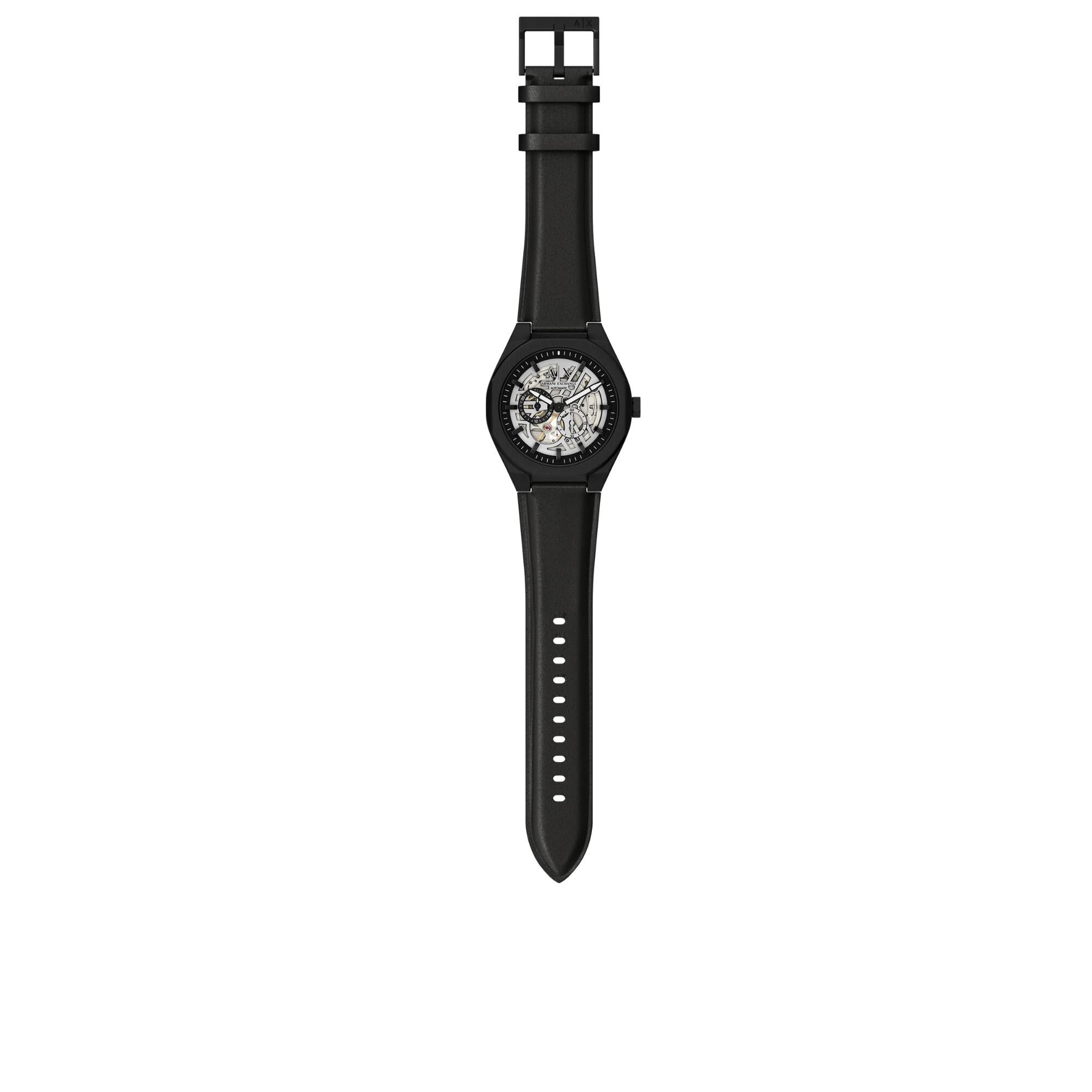 Armani Exchange Sync 44mm Skeleton Silver Dial Leather Mens Quartz Watch AX4297