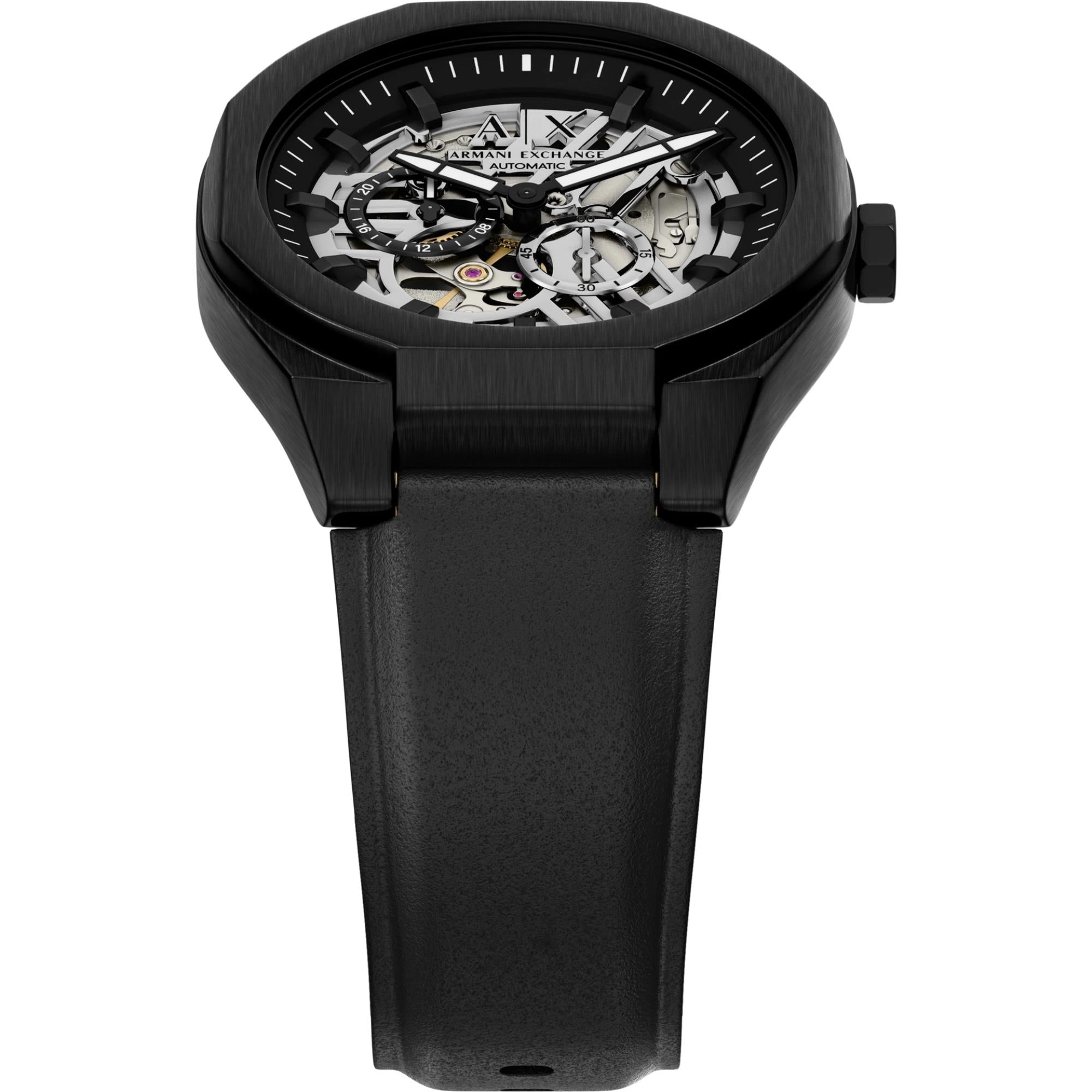 Armani Exchange Sync 44mm Skeleton Silver Dial Leather Mens Quartz Watch AX4297