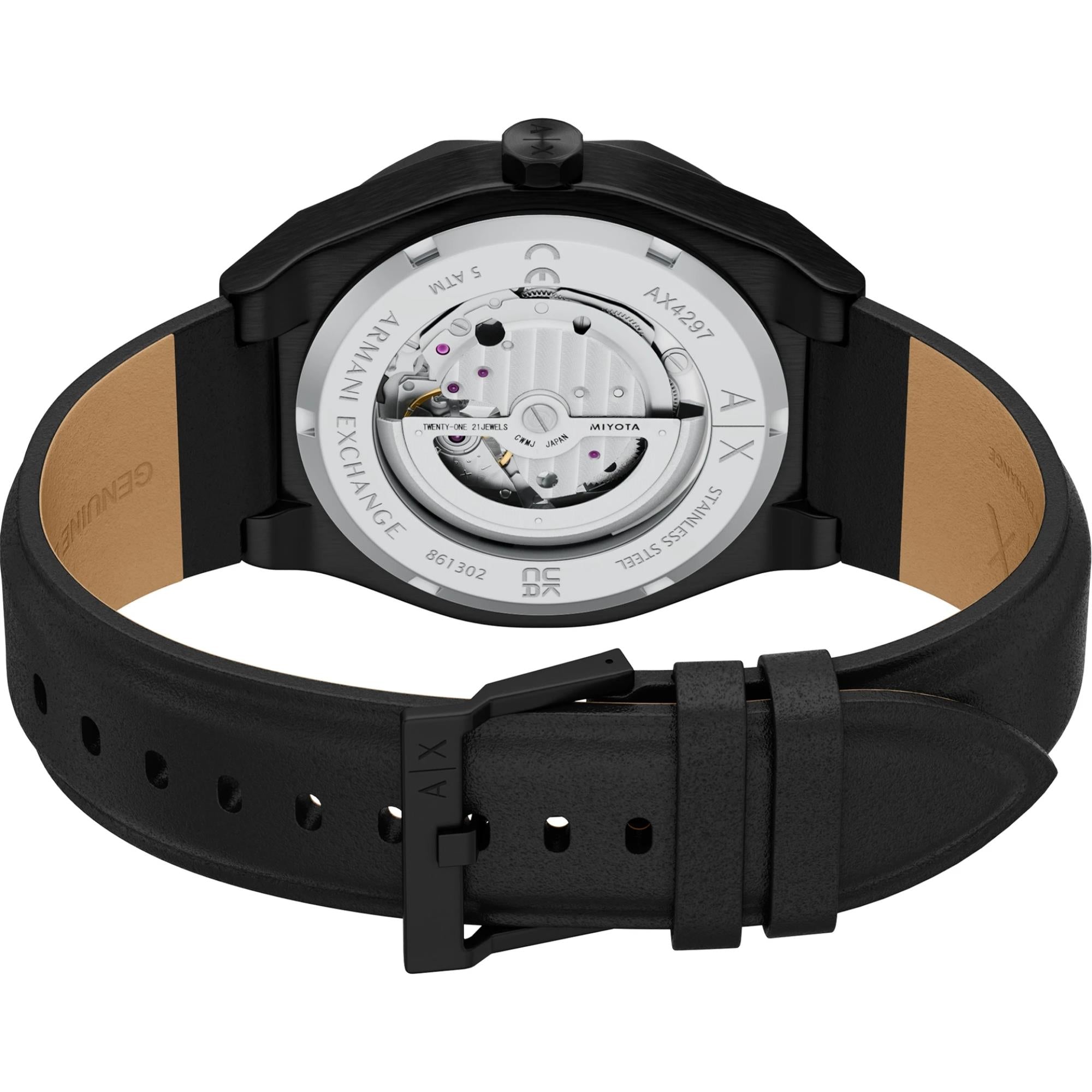 Armani Exchange Sync 44mm Skeleton Silver Dial Leather Mens Quartz Watch AX4297