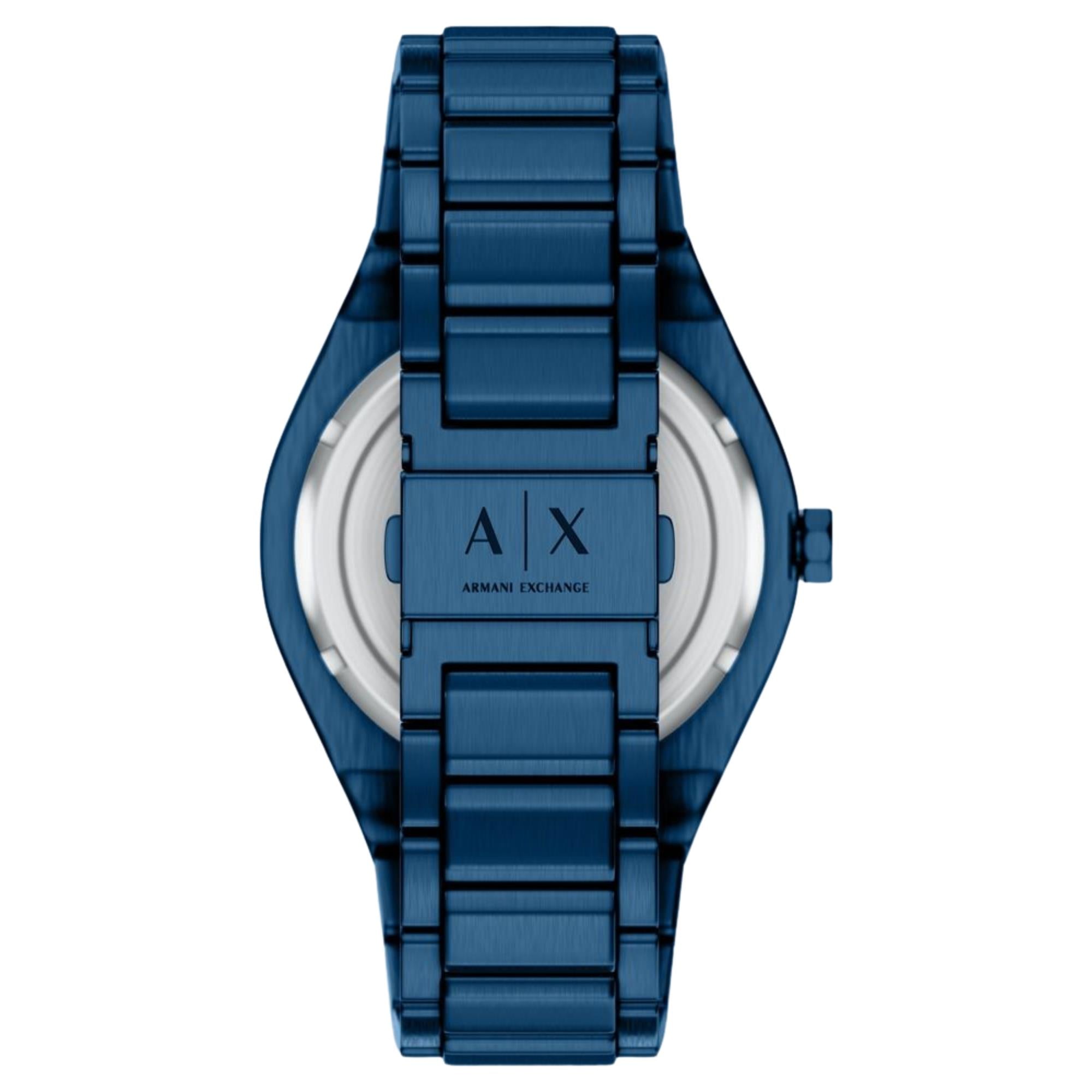 Armani Exchange Sync AX4299 stainless steel case back with engraved branding and solid blue metal link bracelet