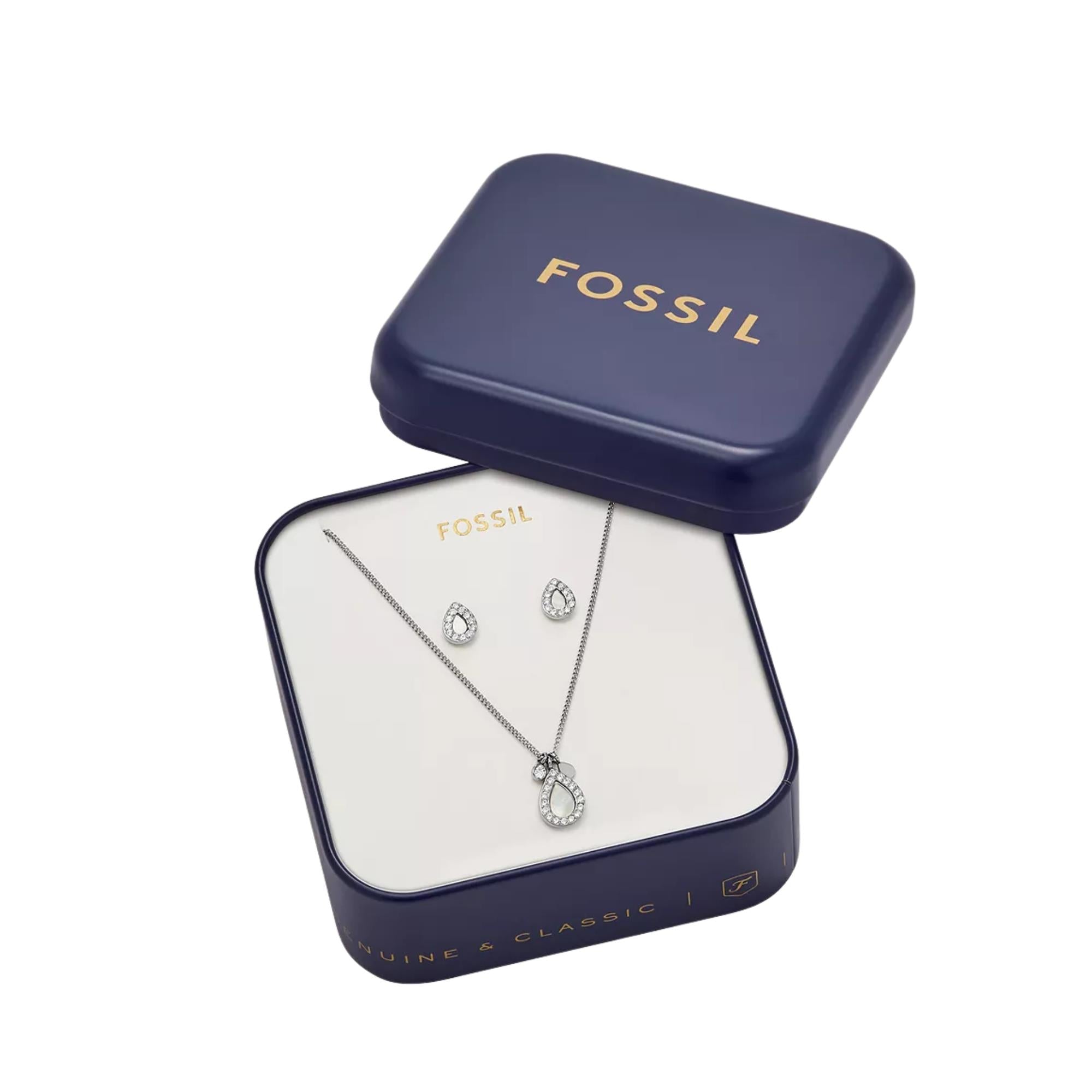Fossil Merrit Mothers Day Mother-of-Pearl Stainless Steel Pendant Necklace and Earrings Women's Set JF03765040