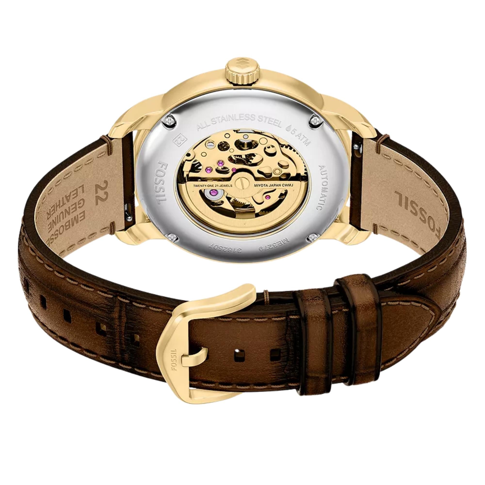 Fossil Heritage 44mm Gold Dial Leather Mens Automatic Watch ME3279