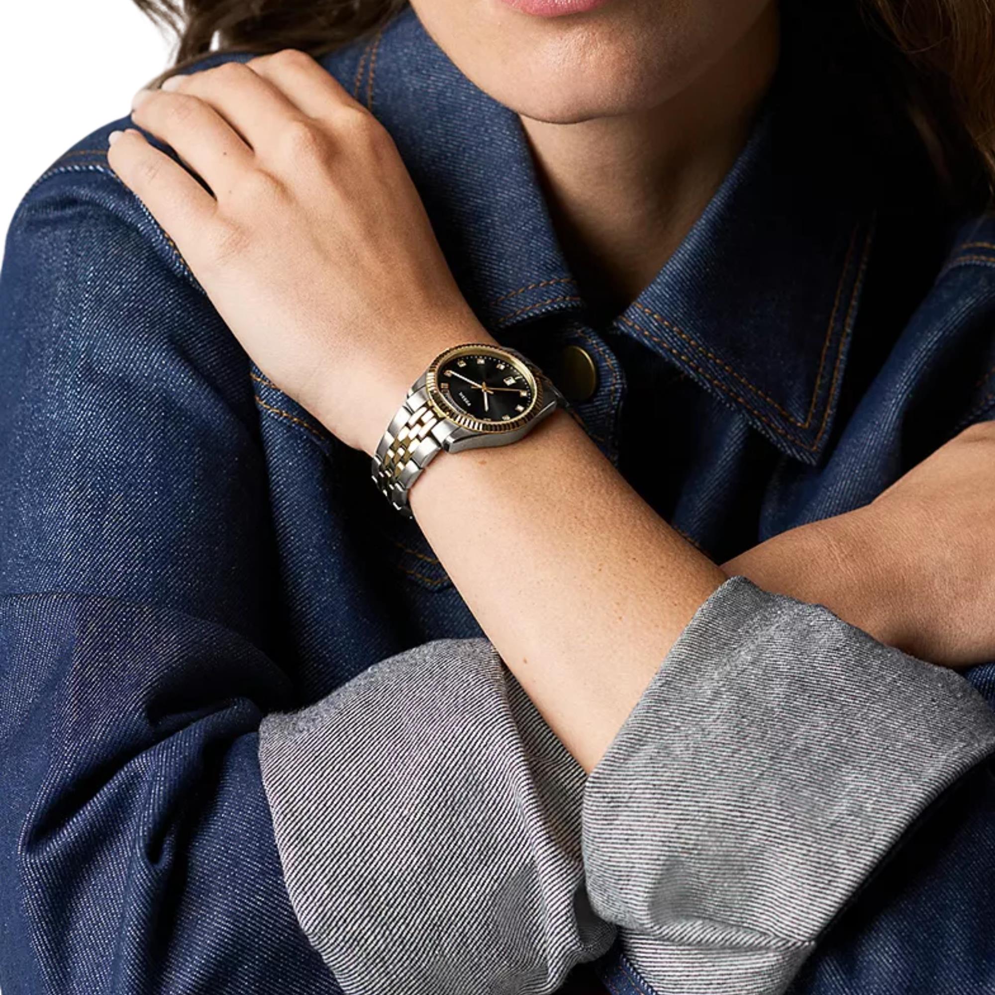 Fossil Scarlette Quartz Black Dial Steel Strap Women's Watch ES5458