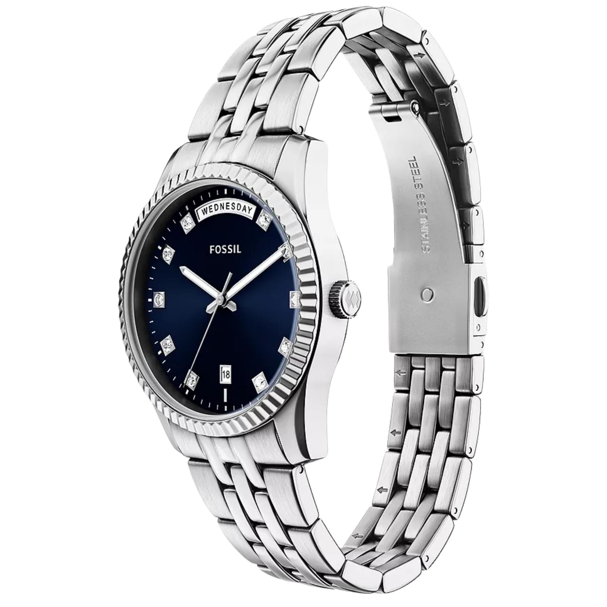 Fossil Scarlette 34mm Blue Dial Steel Ladies Quartz Watch ES5457