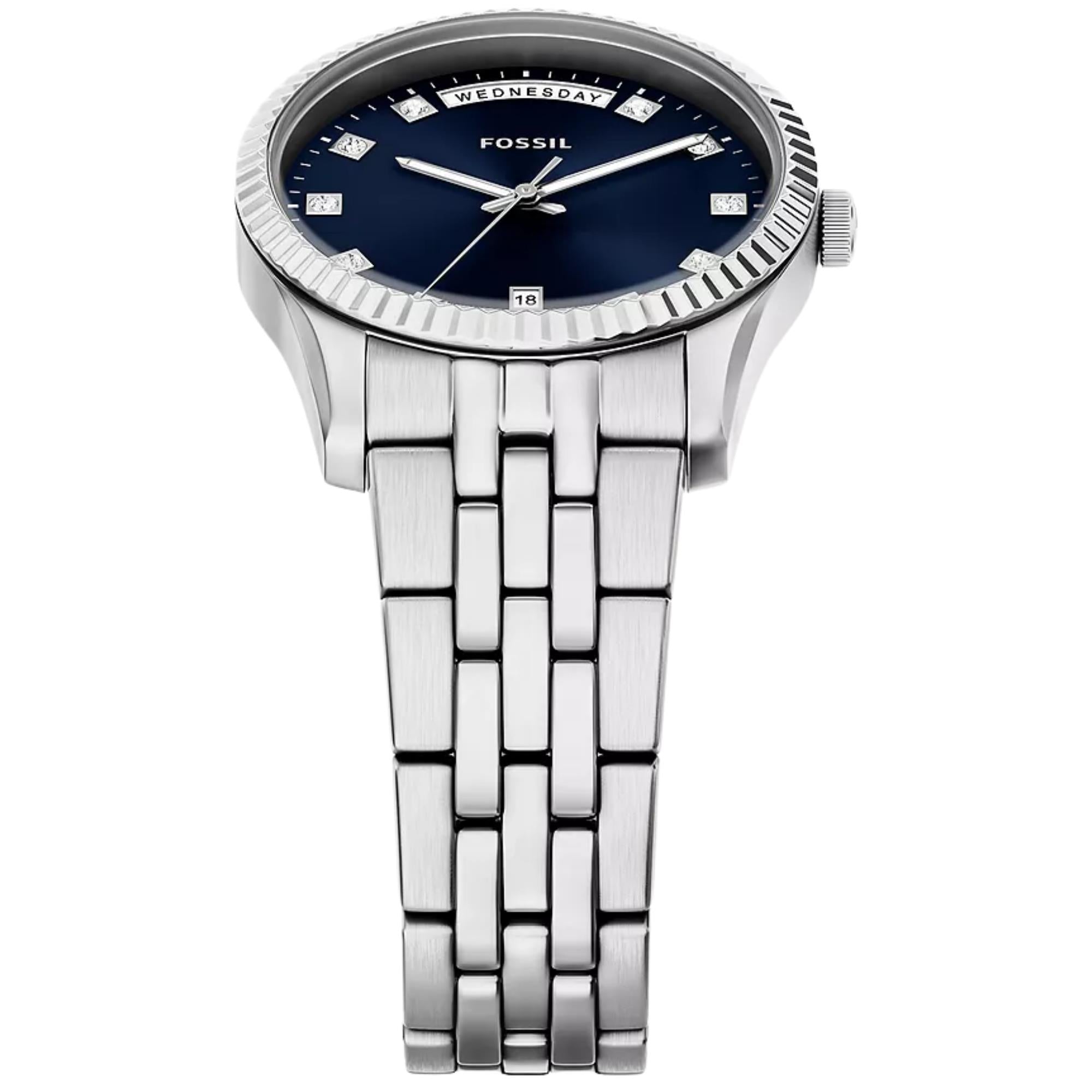 Fossil Scarlette 34mm Blue Dial Steel Ladies Quartz Watch ES5457