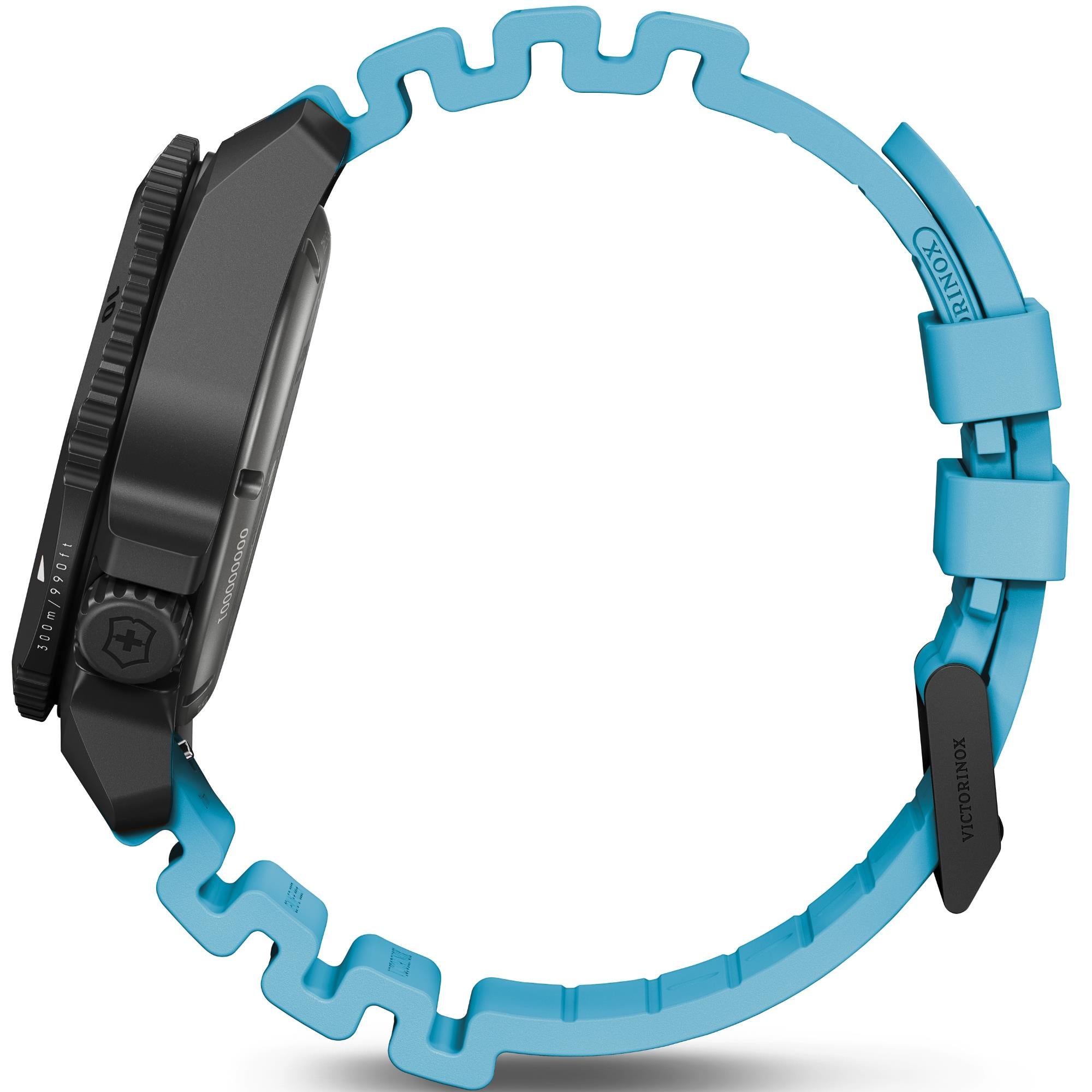 Side view of Victorinox Dive Pro 242071 watch showing case thickness, crown and rubber strap with pin buckle