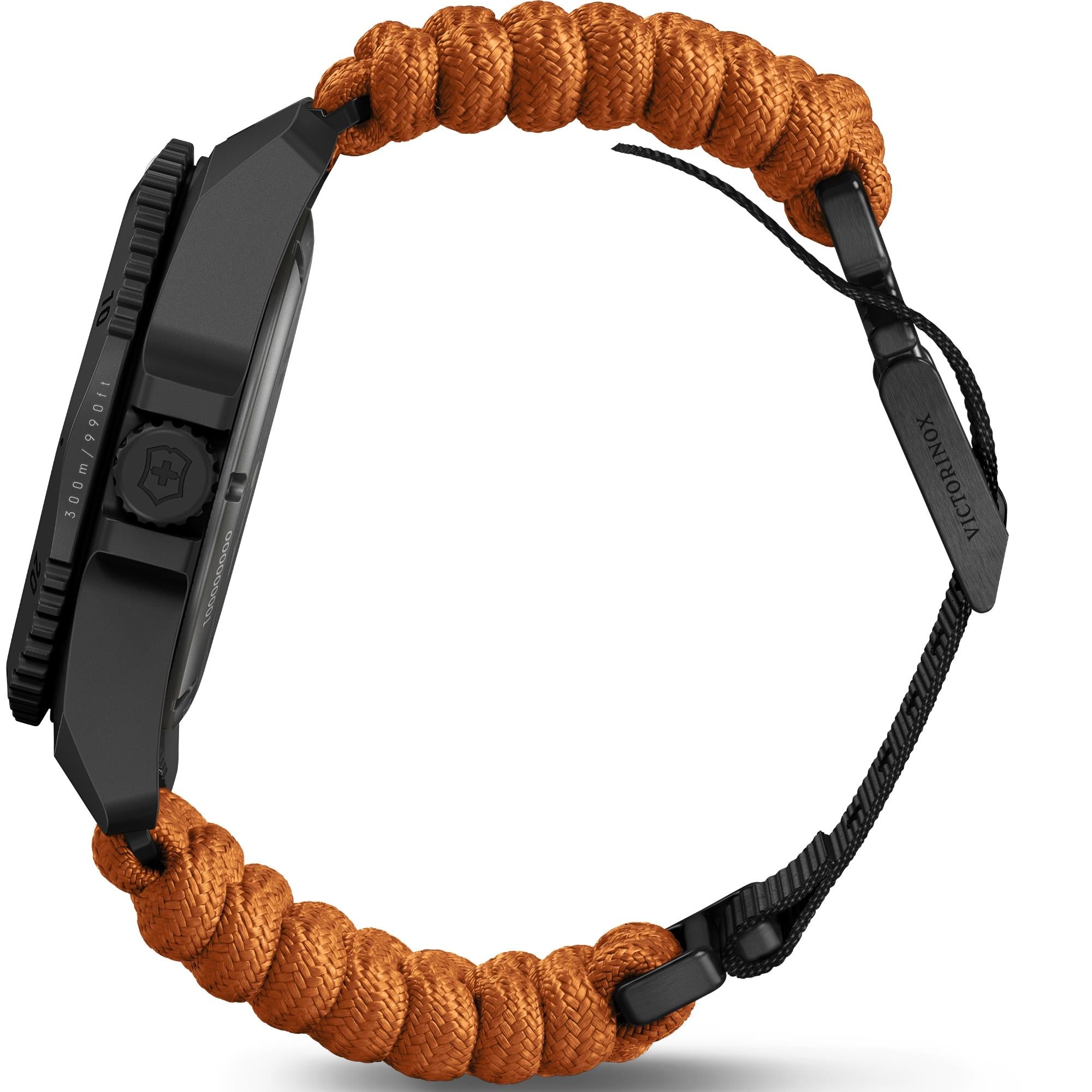 Victorinox Dive Pro 43mm Quartz titanium matt black dial orange paracord watch 242069.1 side profile