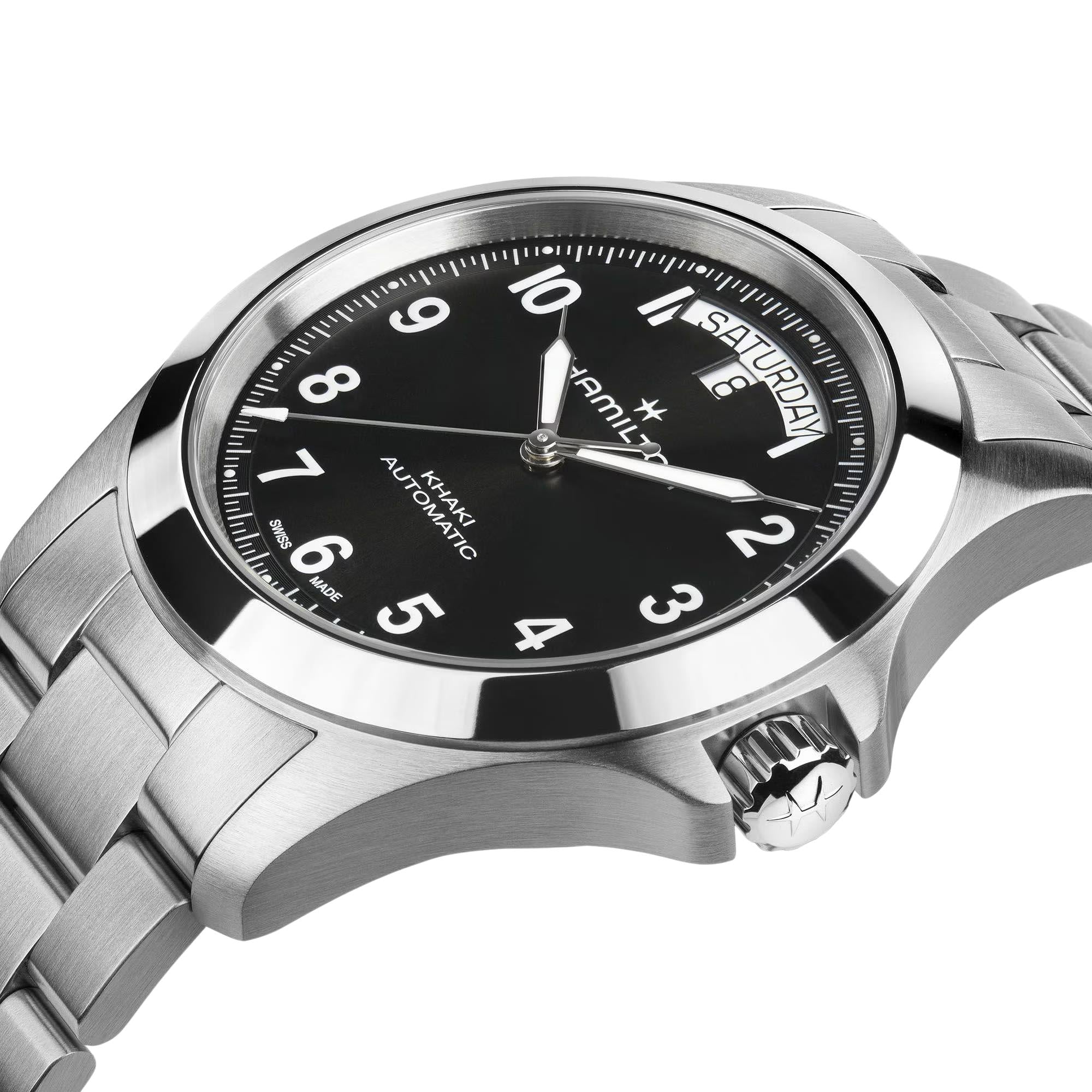 Hamilton Khaki Field H64475131 40mm black day date dial detail