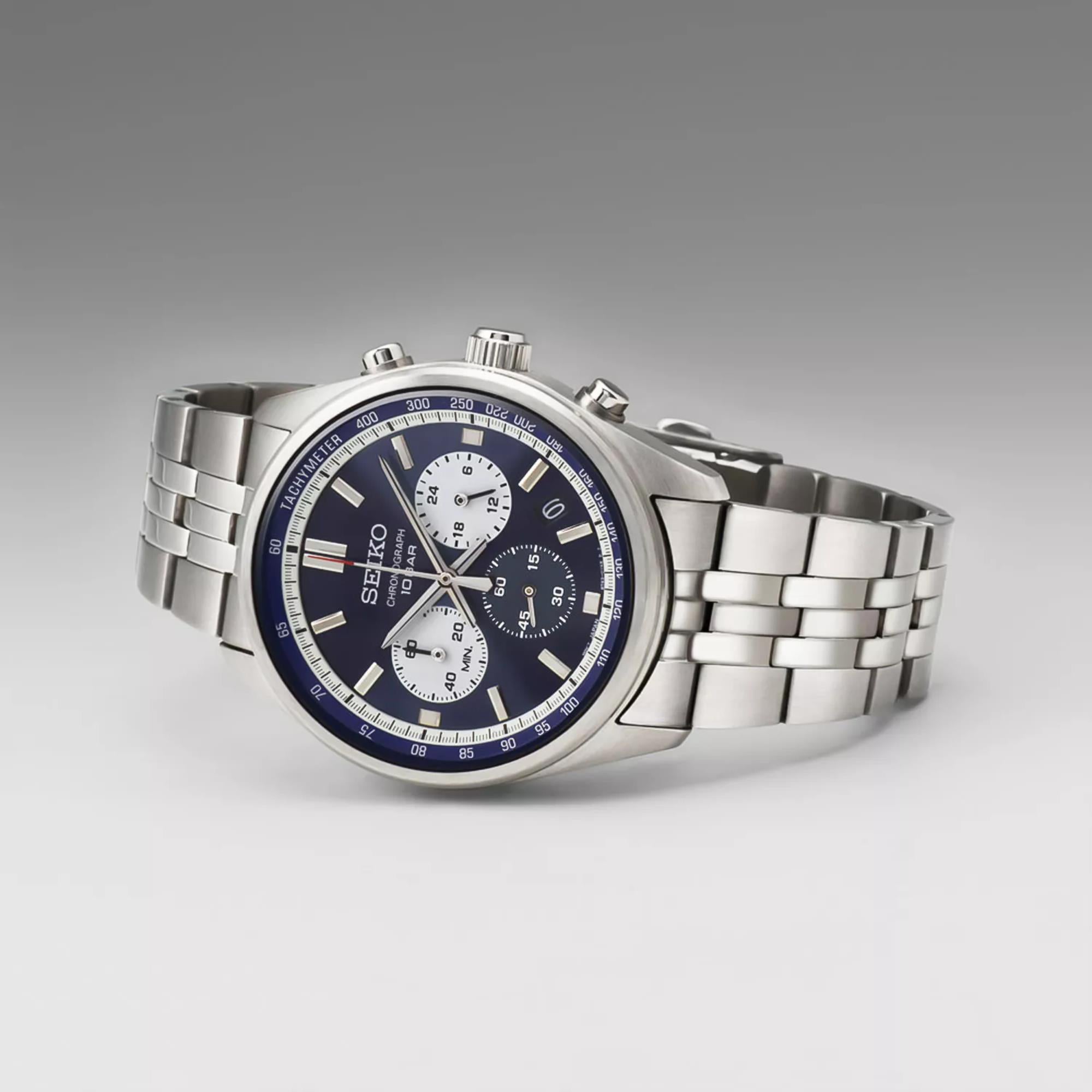Seiko Essentials 41.5mm blue motorsport chronograph stainless steel watch SSB427P1