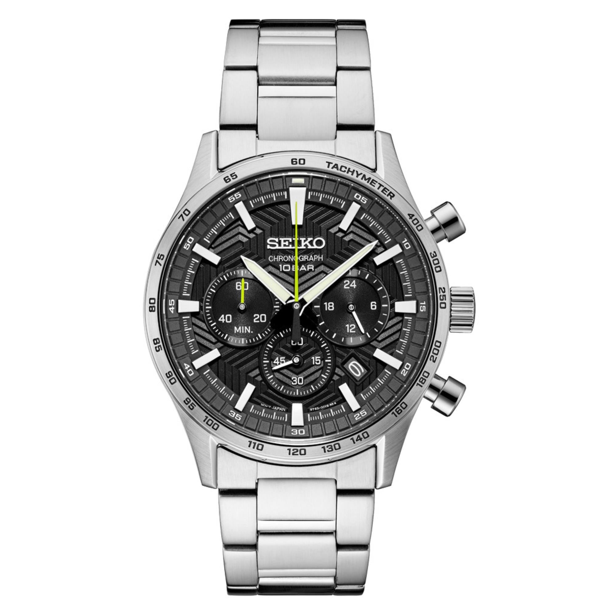 Seiko Essentials 43mm Chronograph black dial tachymeter watch SSB413P1