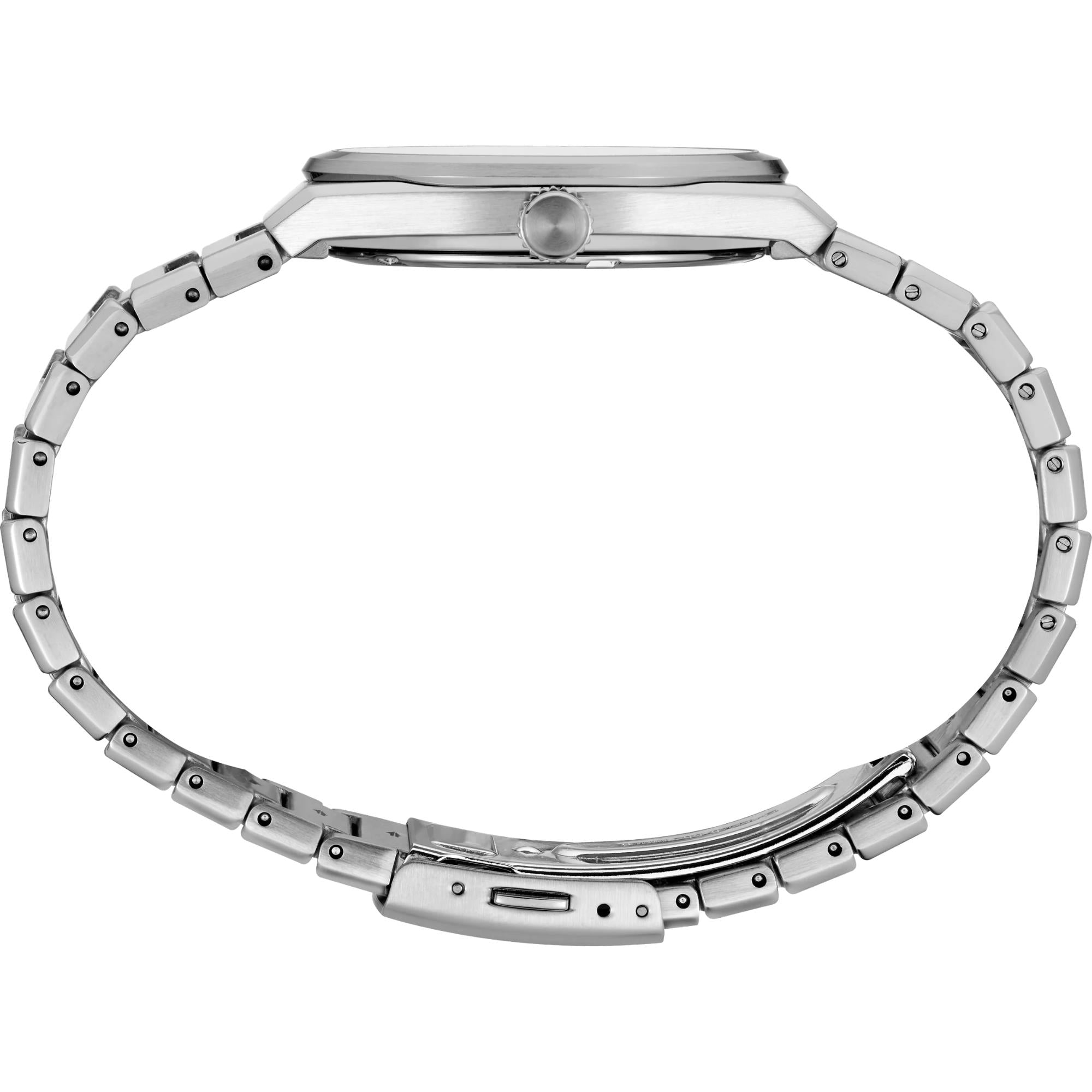 Seiko Essentials SUR553P1 slim stainless steel case and bracelet side profile