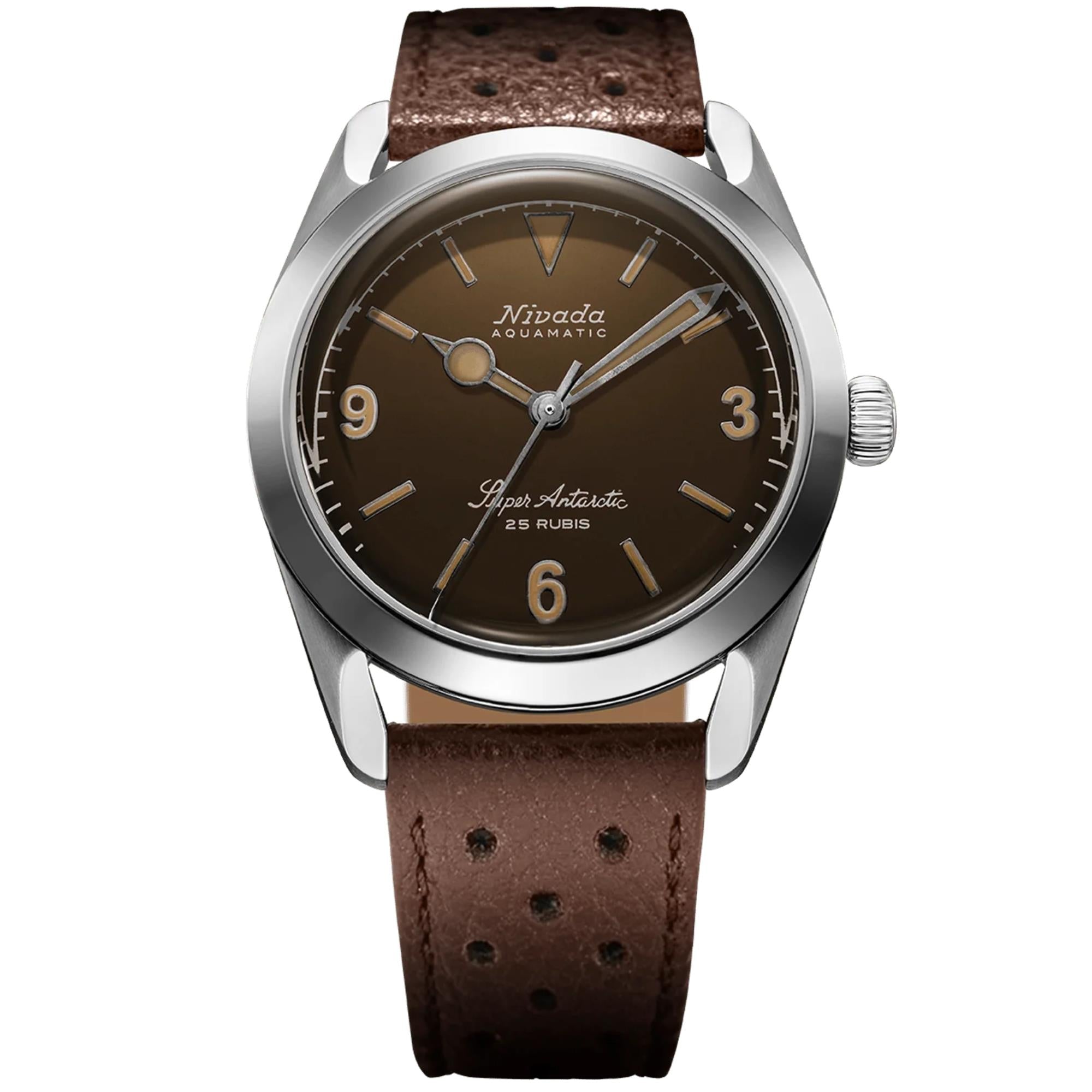 Nivada Grenchen Super Antarctic 38mm Tropical Brown Dial Leather Mens