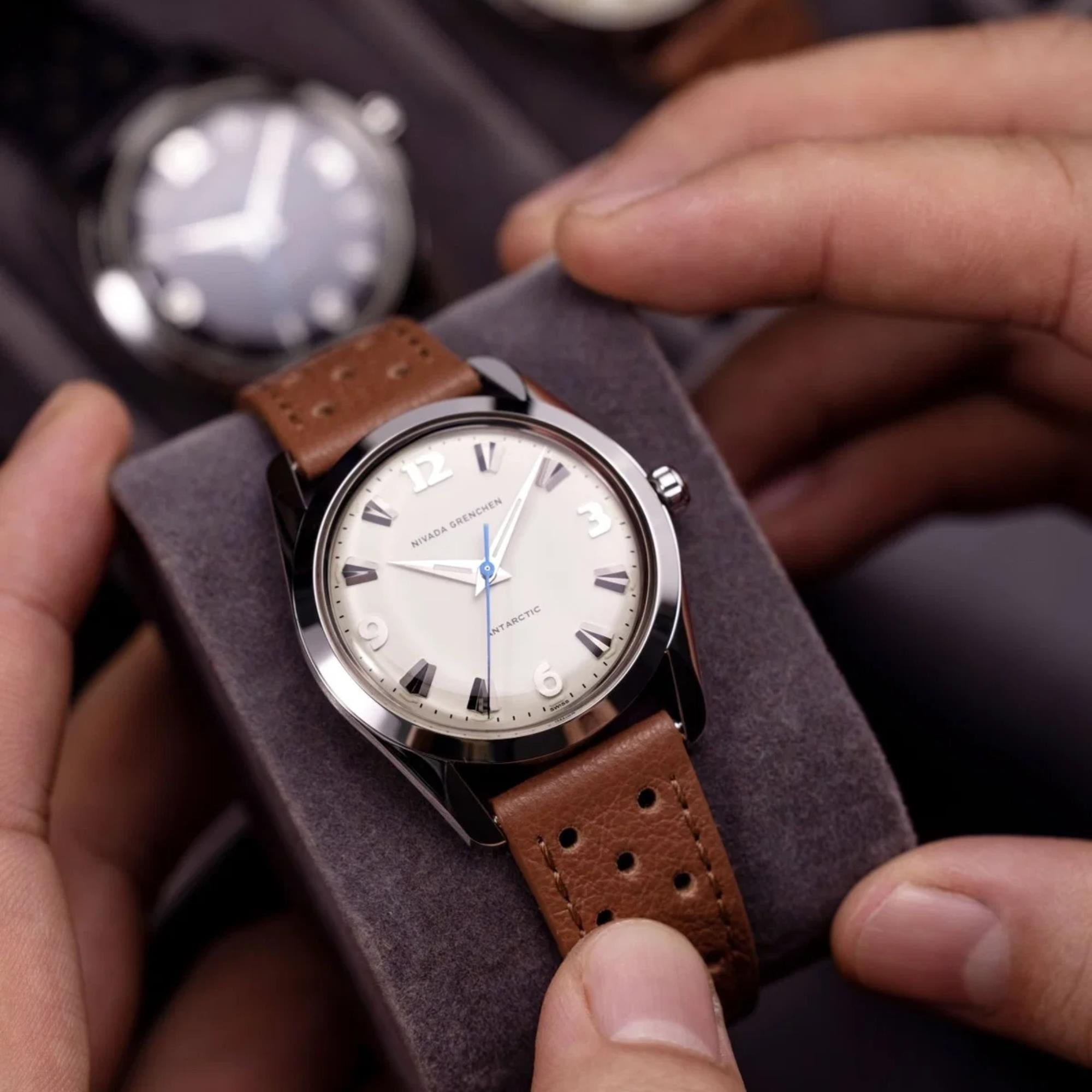 Nivada Grenchen Antarctic 35mm Eggshell White Dial Leather Mens Manual-Wind Watch 35004M41
