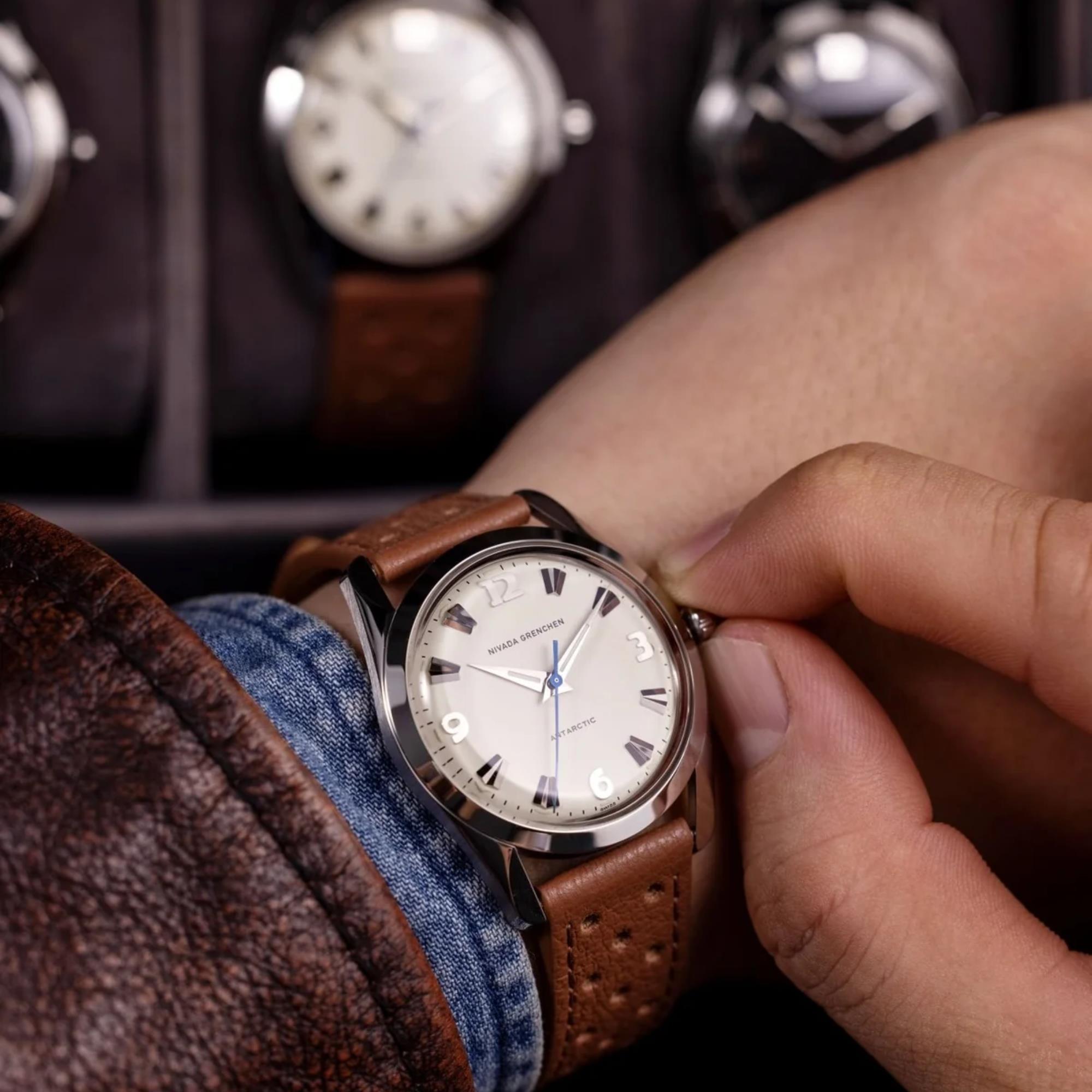 Nivada Grenchen Antarctic 35mm Eggshell White Dial Leather Mens Manual-Wind Watch 35004M41