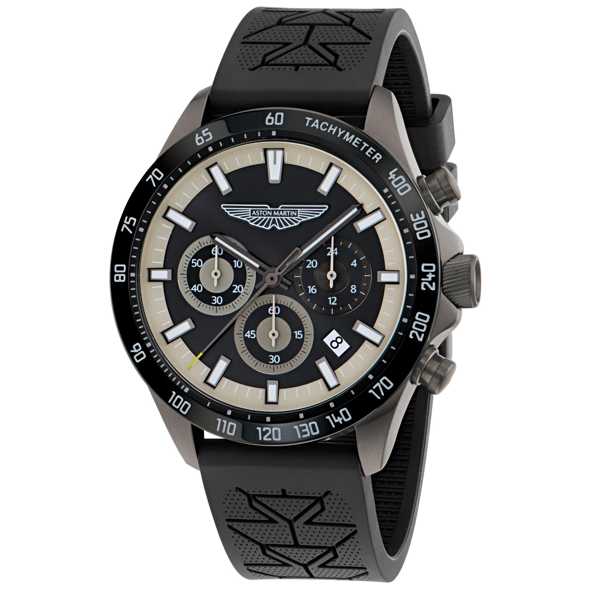 Aston Martin Icon SPT 44mm Chronograph IP Gun RSST Case Black Dial Black Silicone Strap Mens Quartz Watch MTIS2S606