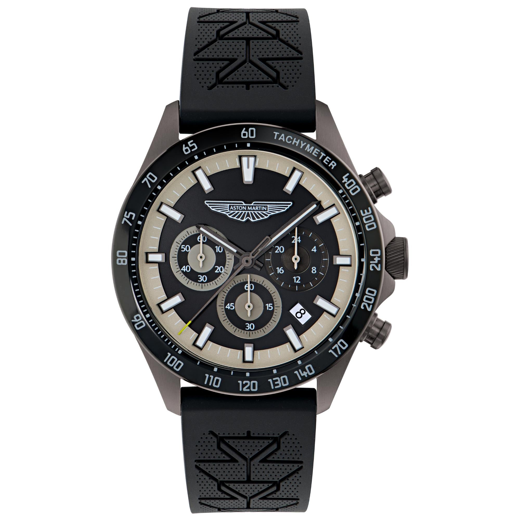 Aston Martin Icon SPT 44mm Chronograph IP Gun RSST Case Black Dial Black Silicone Strap Mens Quartz Watch MTIS2S606