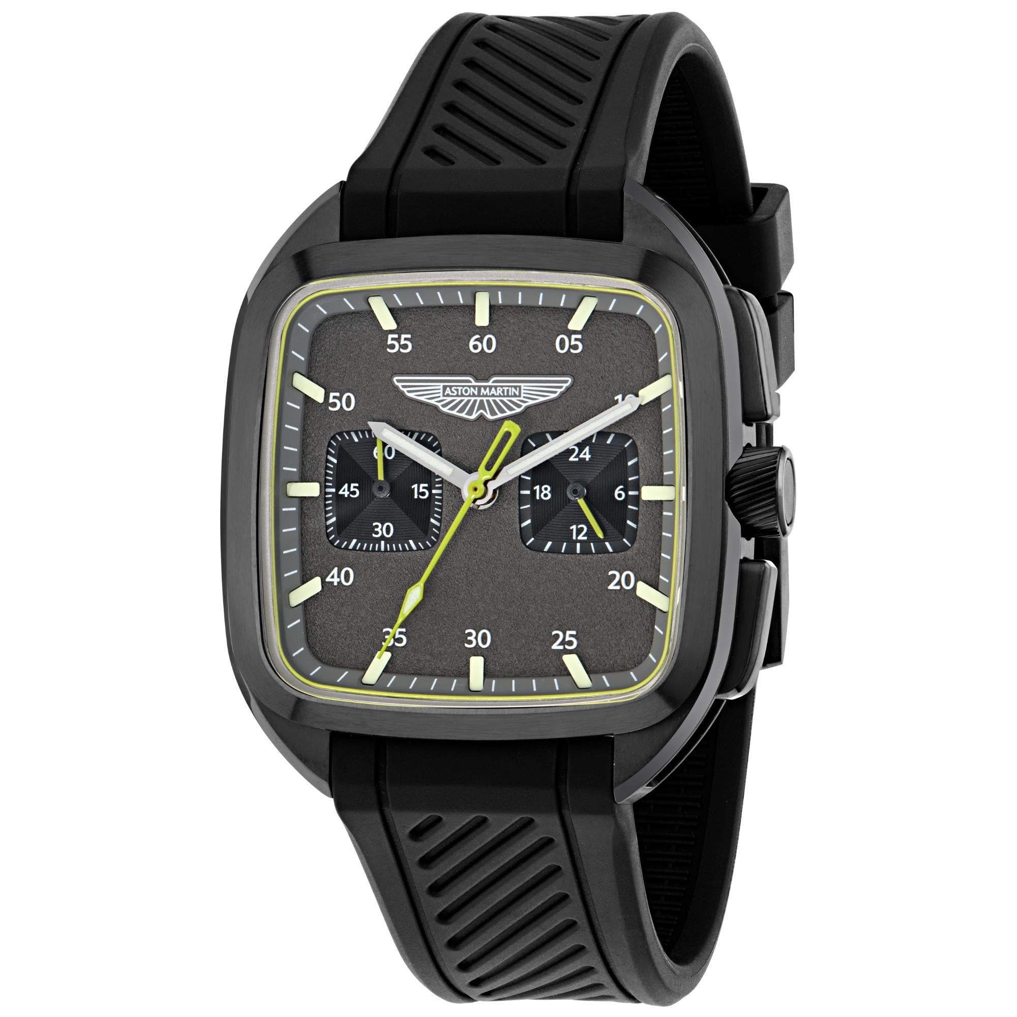 Aston Martin Icon ULT 40.5mm Chronograph IP Black RSST Case Grey Dial Black Silicone Strap Mens Quartz Watch MTIU1S605