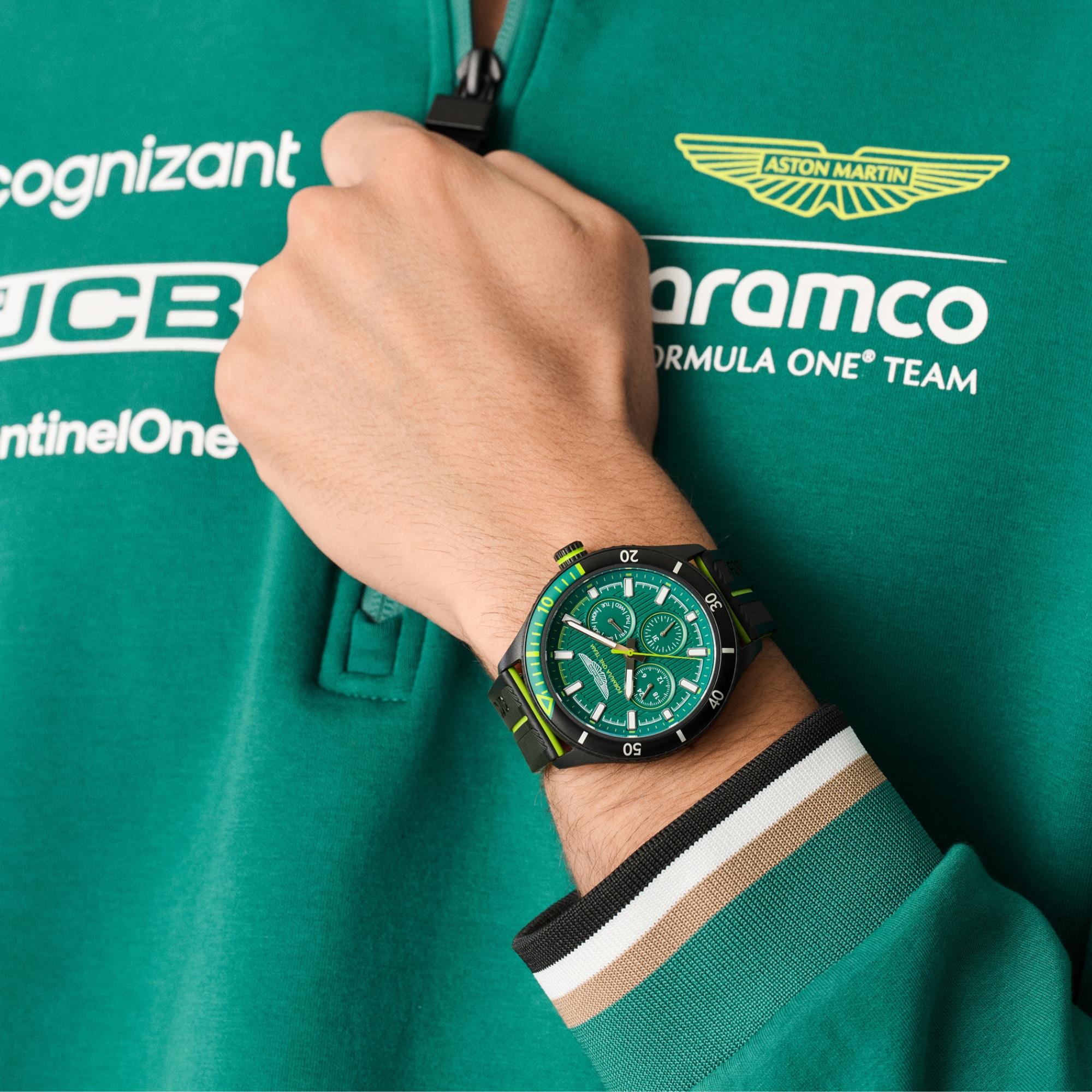 Aston Martin Formula One Team 46mm Chronograph Green Dial Black and Lime Essence Silicone Strap Mens Quartz Watch MTFP1F503