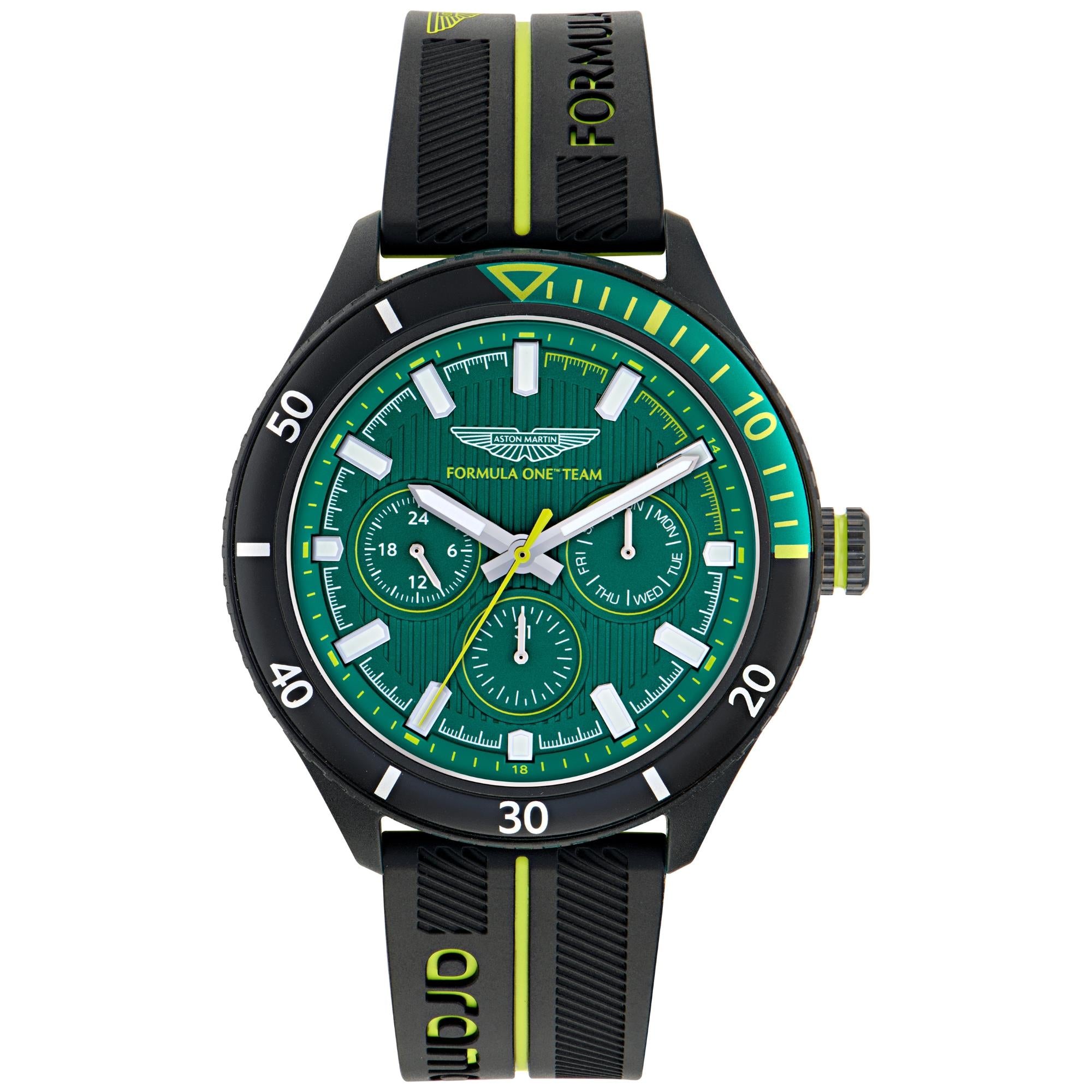 Aston Martin Formula One Team 46mm Chronograph Green Dial Black and Lime Essence Silicone Strap Mens Quartz Watch MTFP1F503