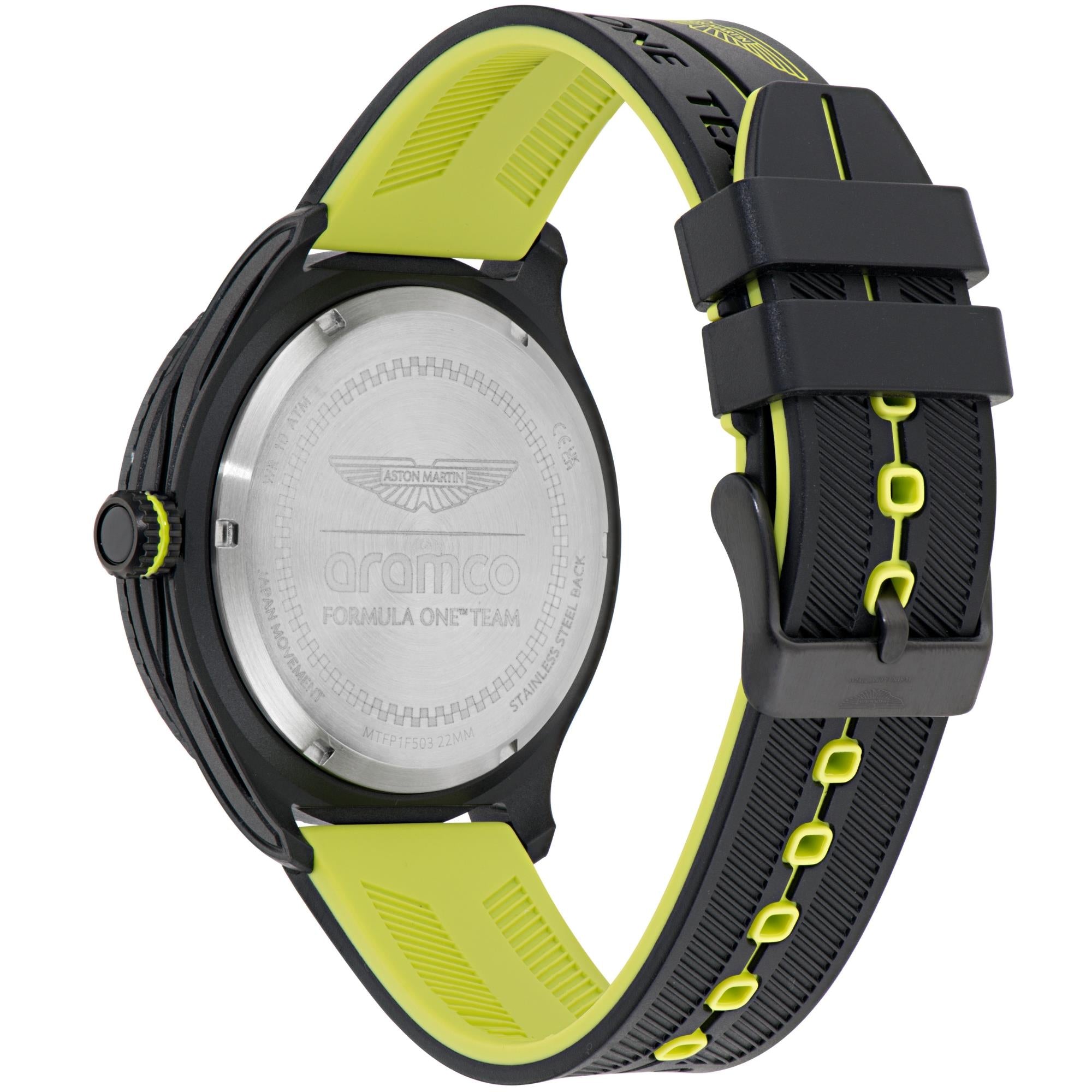 Aston Martin Formula One Team 46mm Chronograph Green Dial Black and Lime Essence Silicone Strap Mens Quartz Watch MTFP1F503