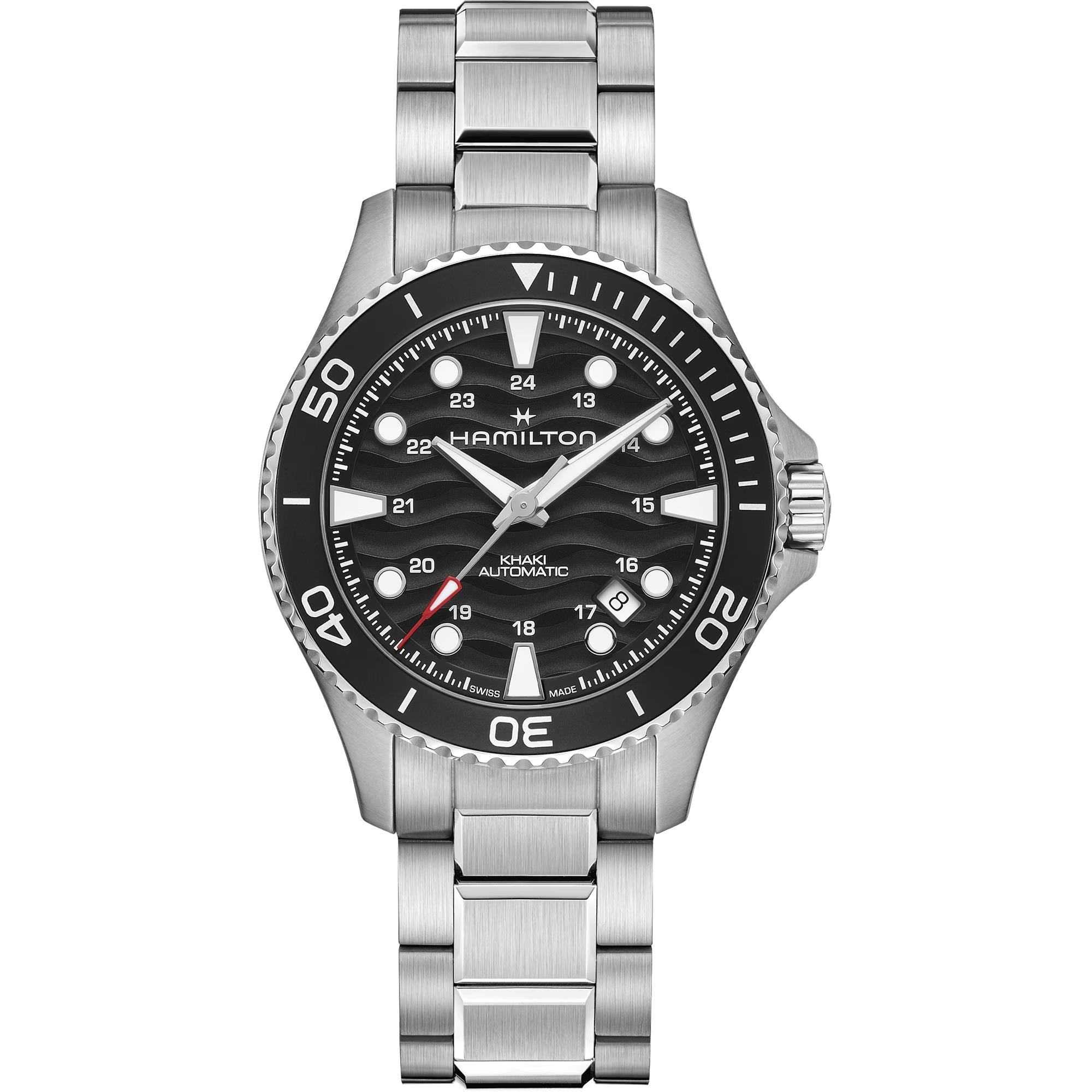 Men's stainless steel dive watch with black dial, black bezel, metal bracelet